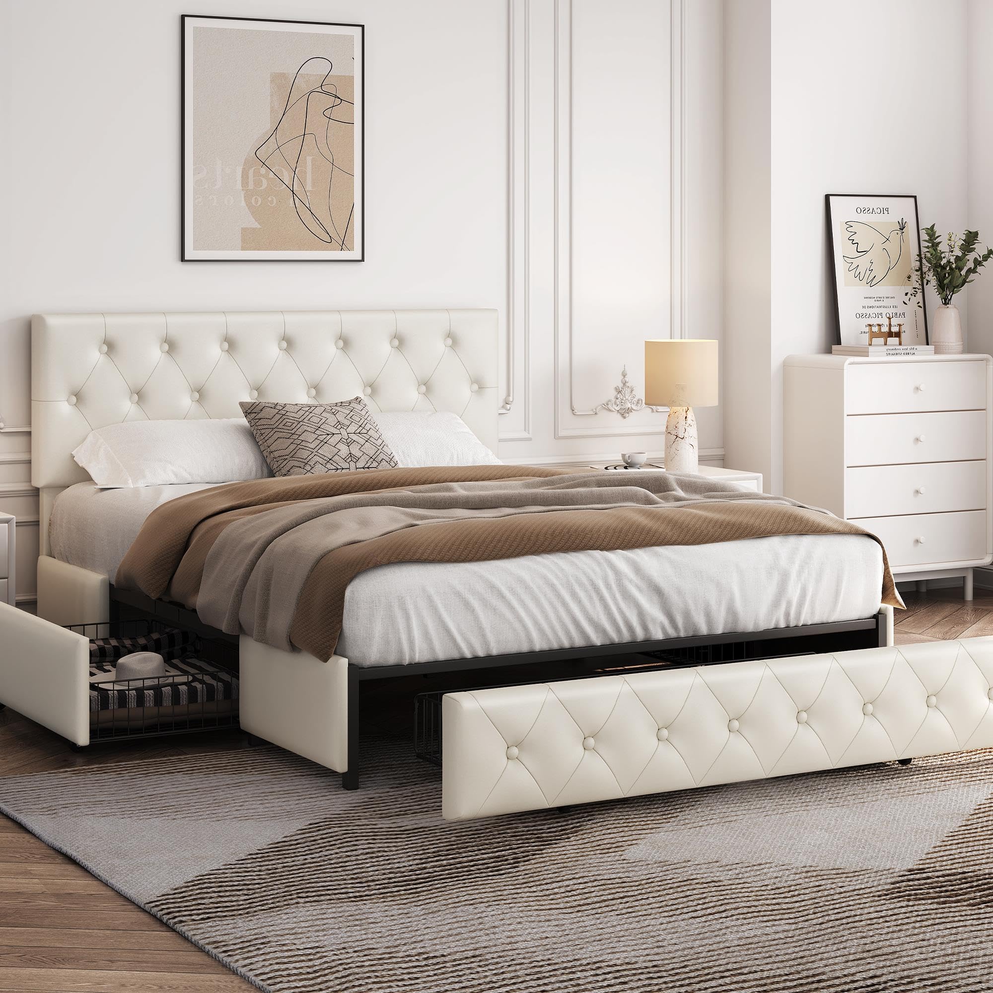 Queen Bed Frame Upholstered Bed Frame with Adjustable Diamond Button