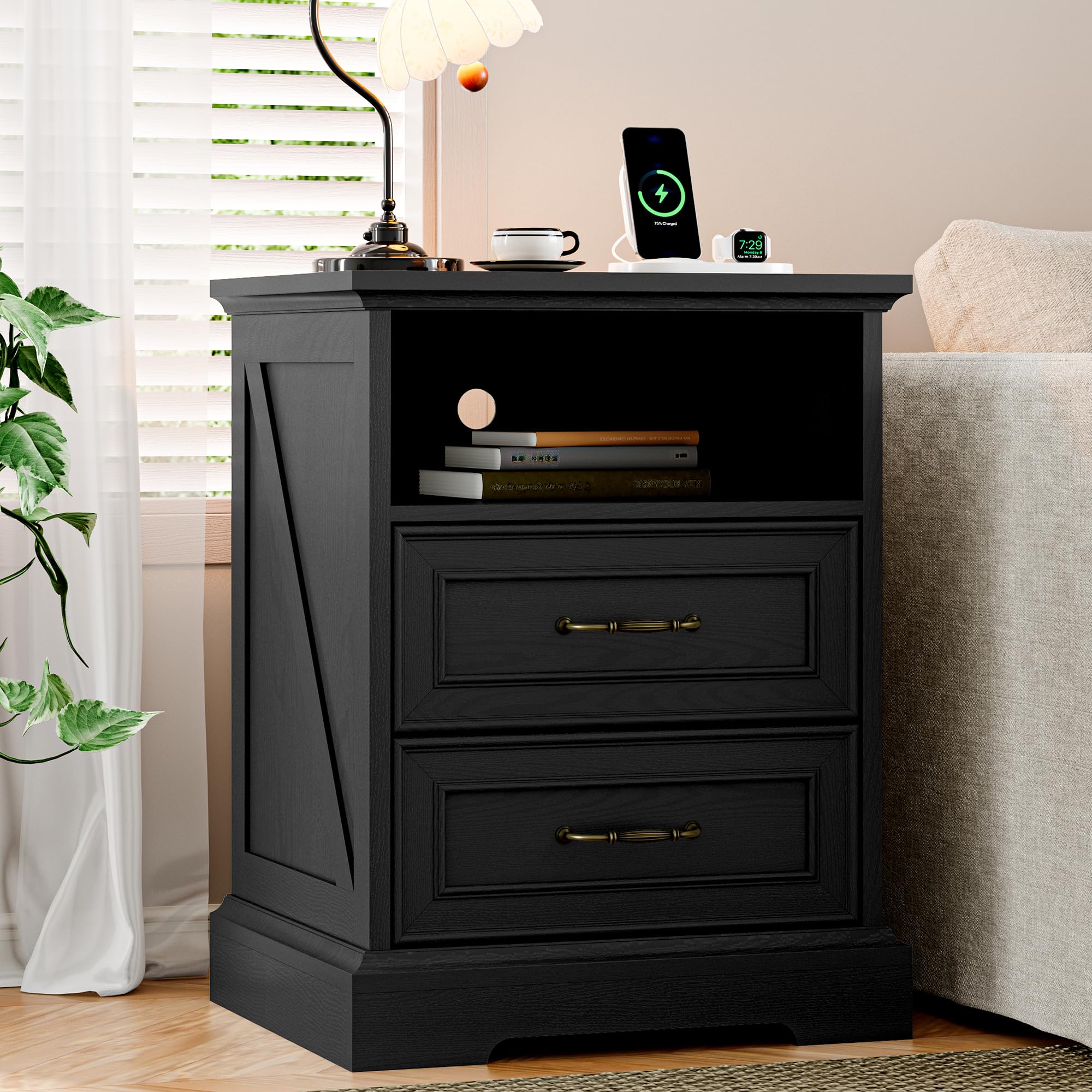 Nightstand with Charging Station, 18" Farmhouse Tall Side Table