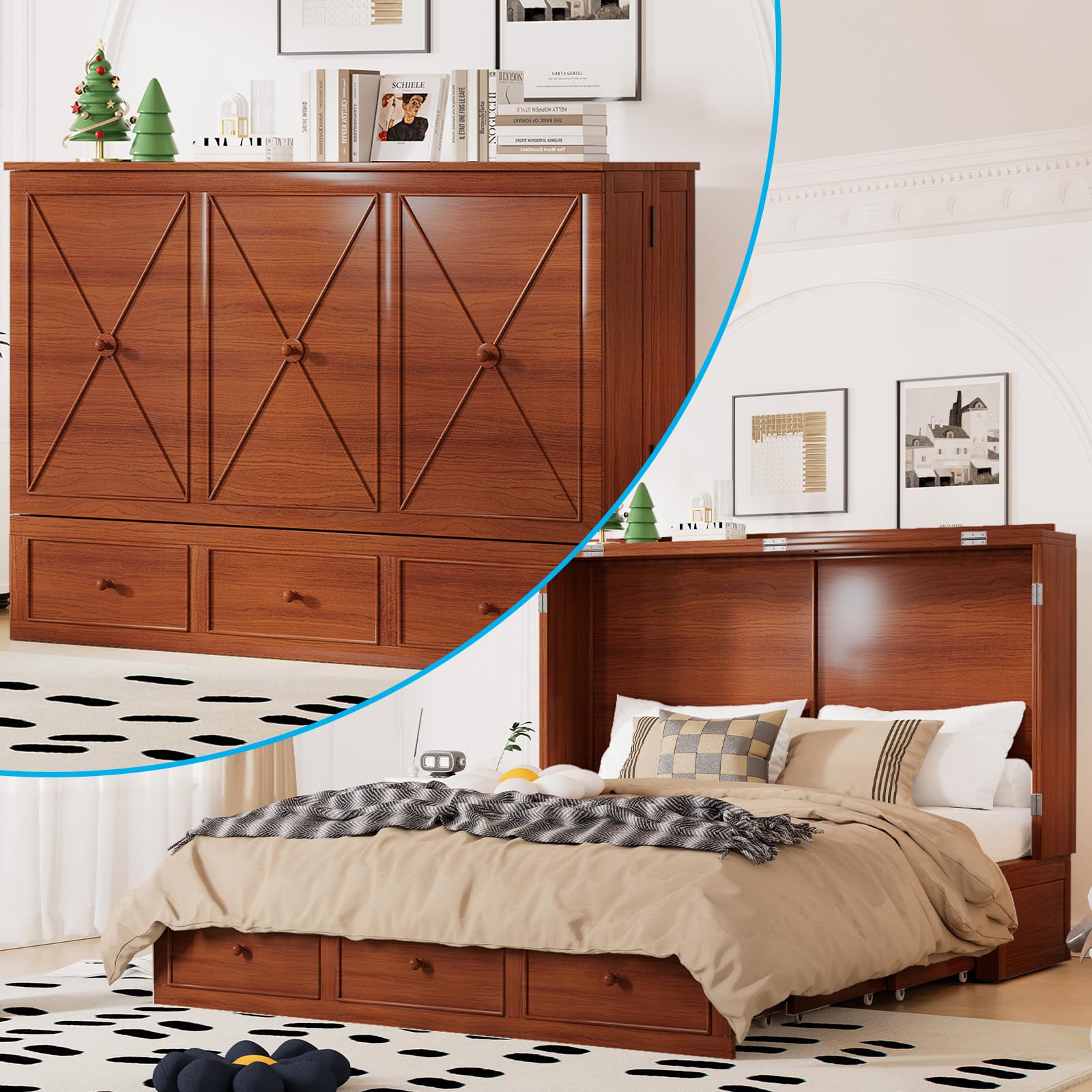 Murphy Bed, Queen Cabinet Bed with USB Ports & Storage Drawers