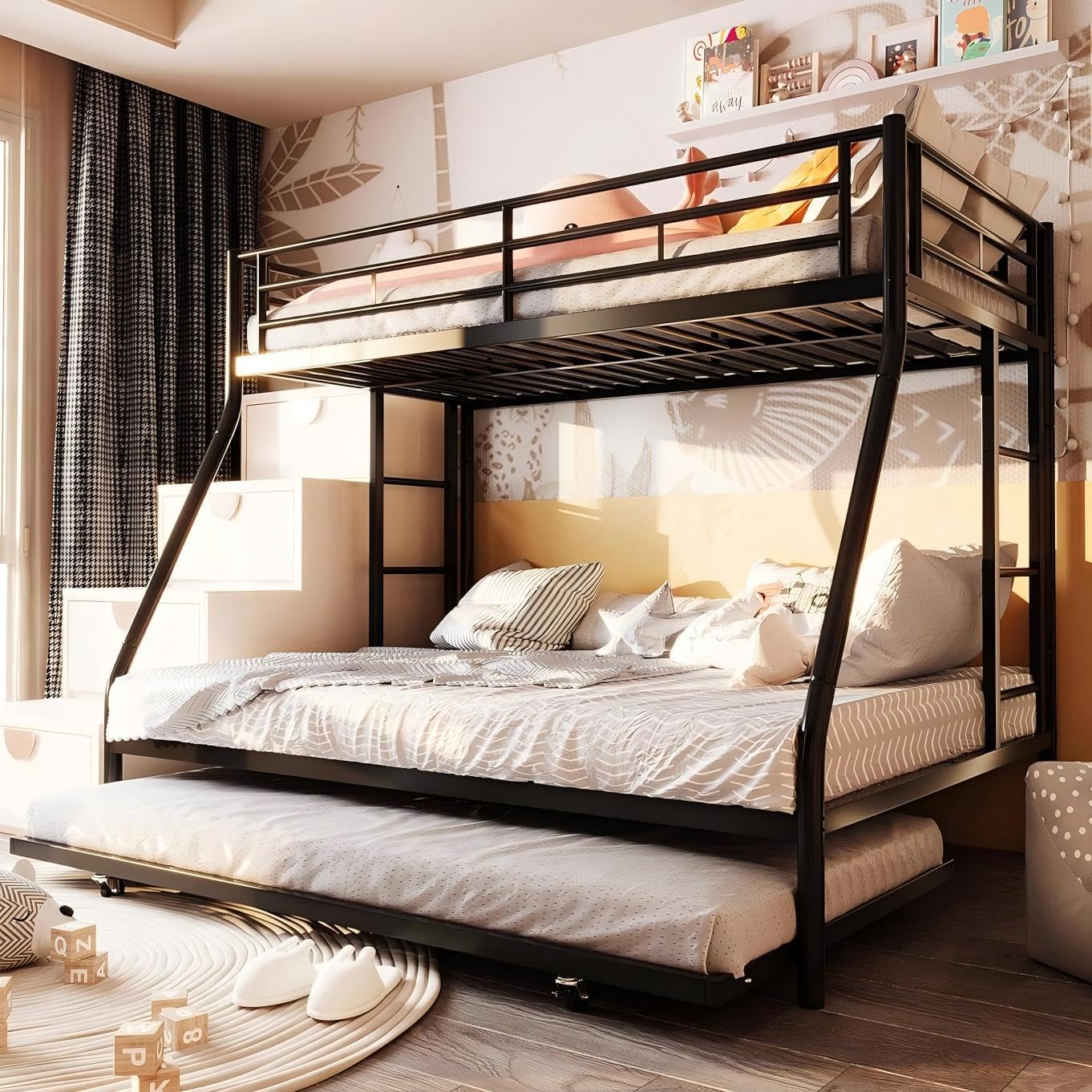 Metal Loft Bed with 2 Secured Ladders, Bunk Bed Twin Over Full with Trundle