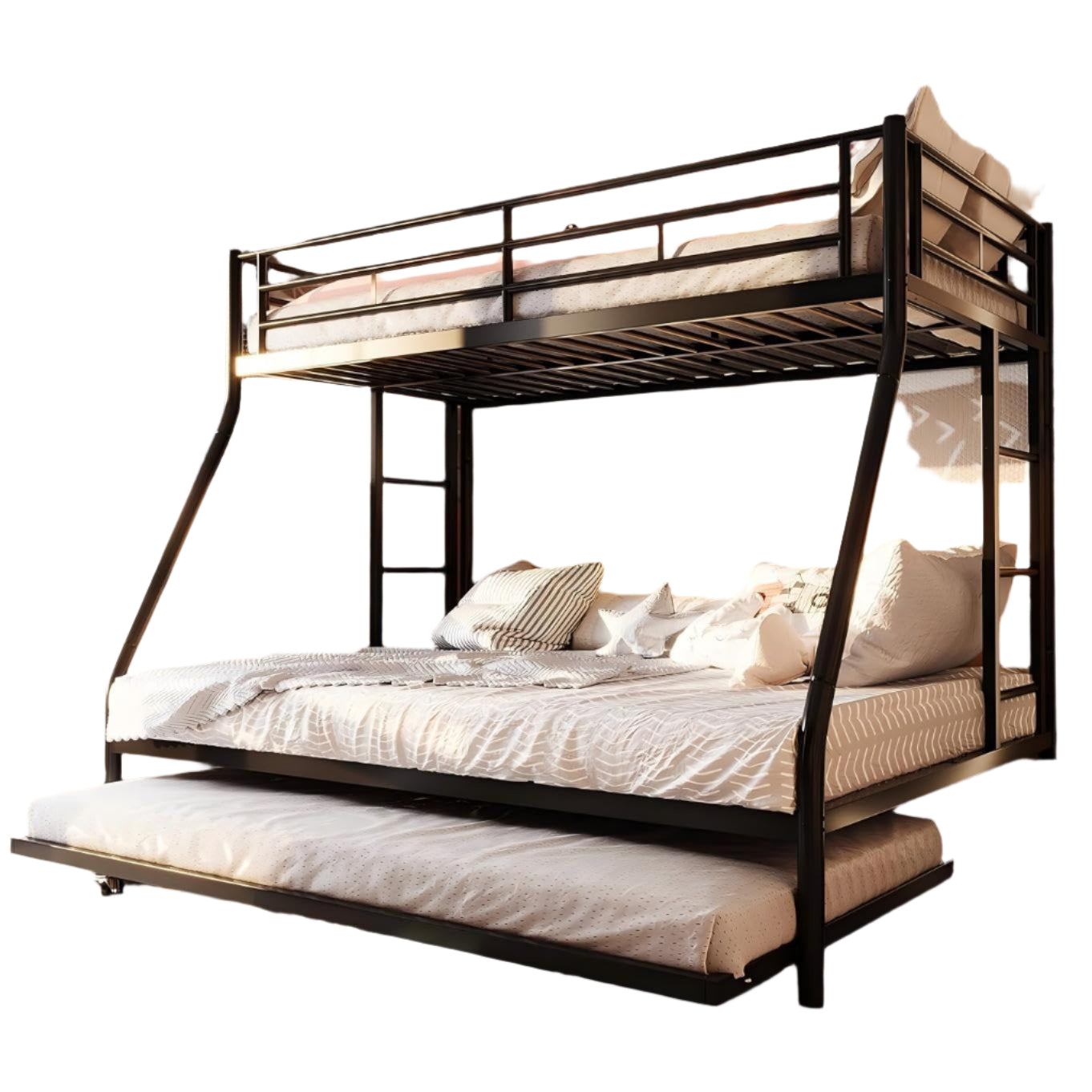 Metal Loft Bed with 2 Secured Ladders, Bunk Bed Twin Over Full with Trundle