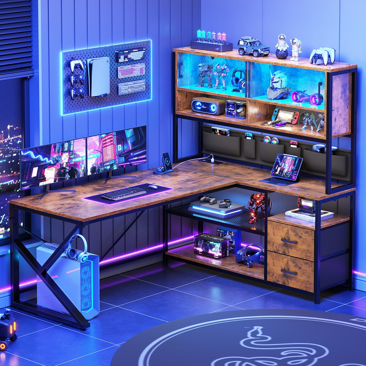 L-Shaped Computer Desk with Bookshelf, LED Light, Drawers and Power Strip