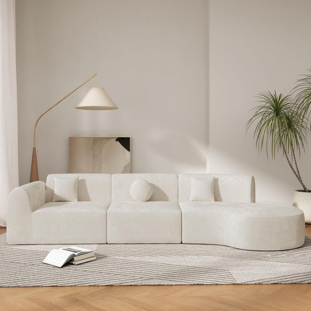 140" Curved Sectional Sofa with Chaise Lounge & 3 Pillows – Fully Assembled Cloud Couch