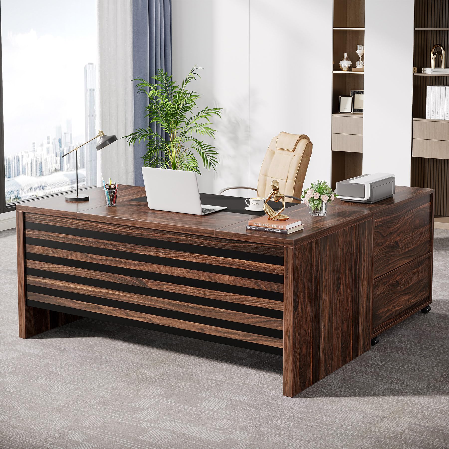 L-Shaped Executive Desk with Mobile File Cabinet
