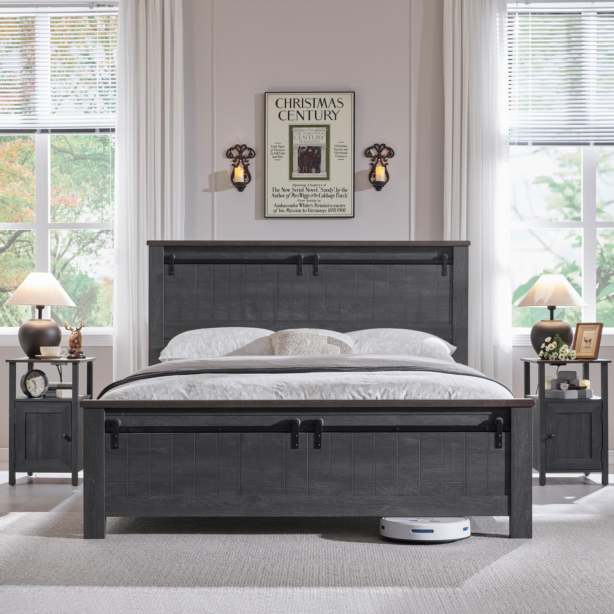 Farmhouse Nightstands Set of 2, Narrow Bedside Table with Charging Station