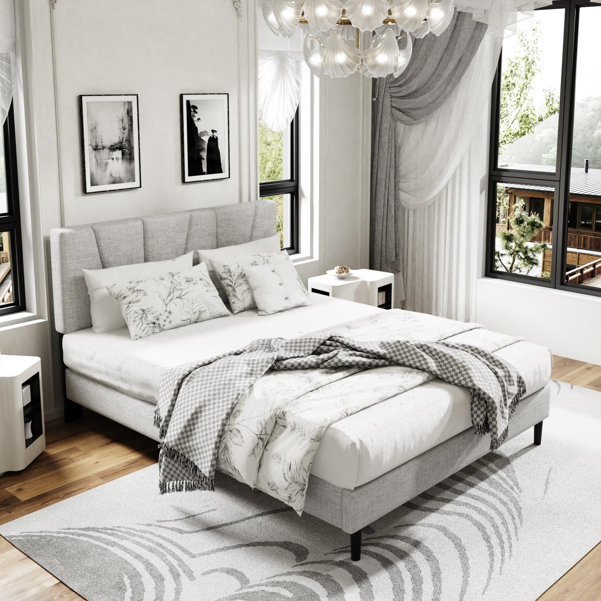 Platform Bed Frame with Upholstered Headboard, Wooden Slats Support