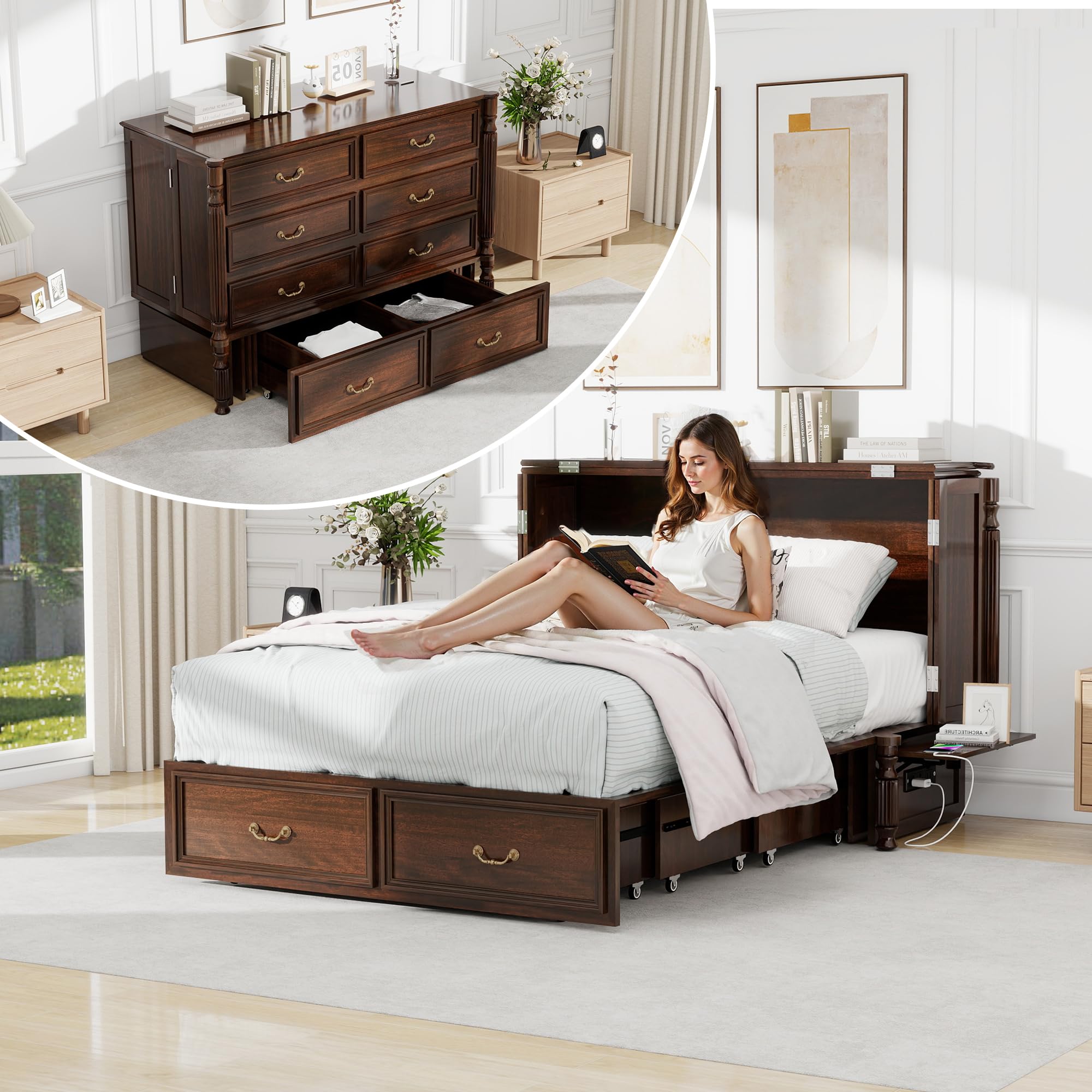 Murphy Bed Cabinet, Solid Wood Murphy Bed Full Size with Charging Station & Drawers