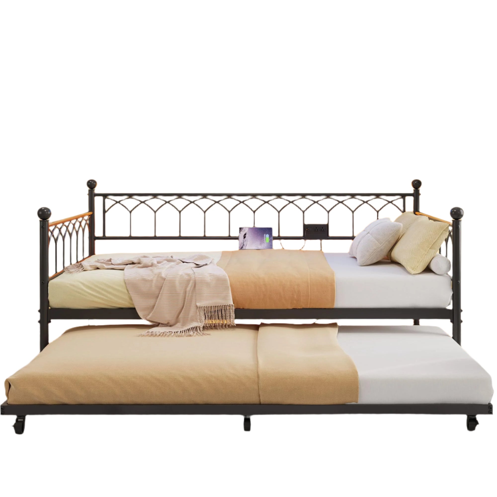 Bed Frame, Twin Daybed with Trundle, Convertible 2-in-1 Sofa
