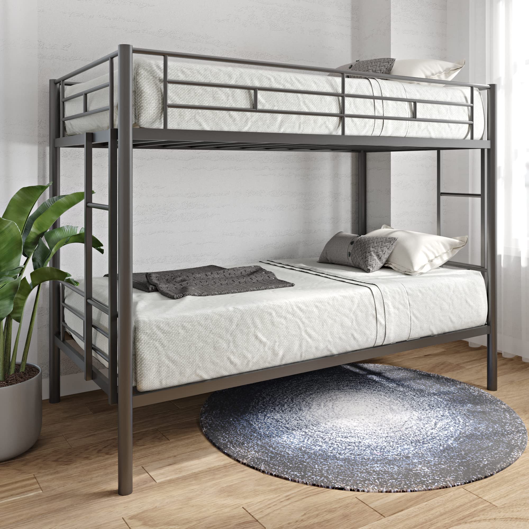 Metal Bunk Bed Twin Over Twin Sturdy Heavy Duty Bunk Beds with 2