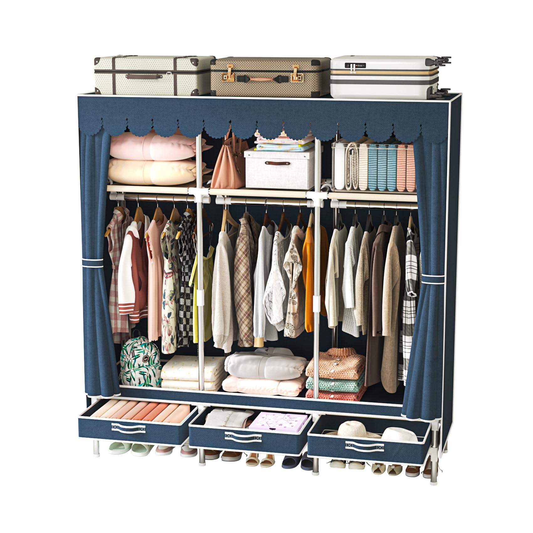 Portable Blue Freestanding Armoire Wardrobe Closet with 3 Drawers