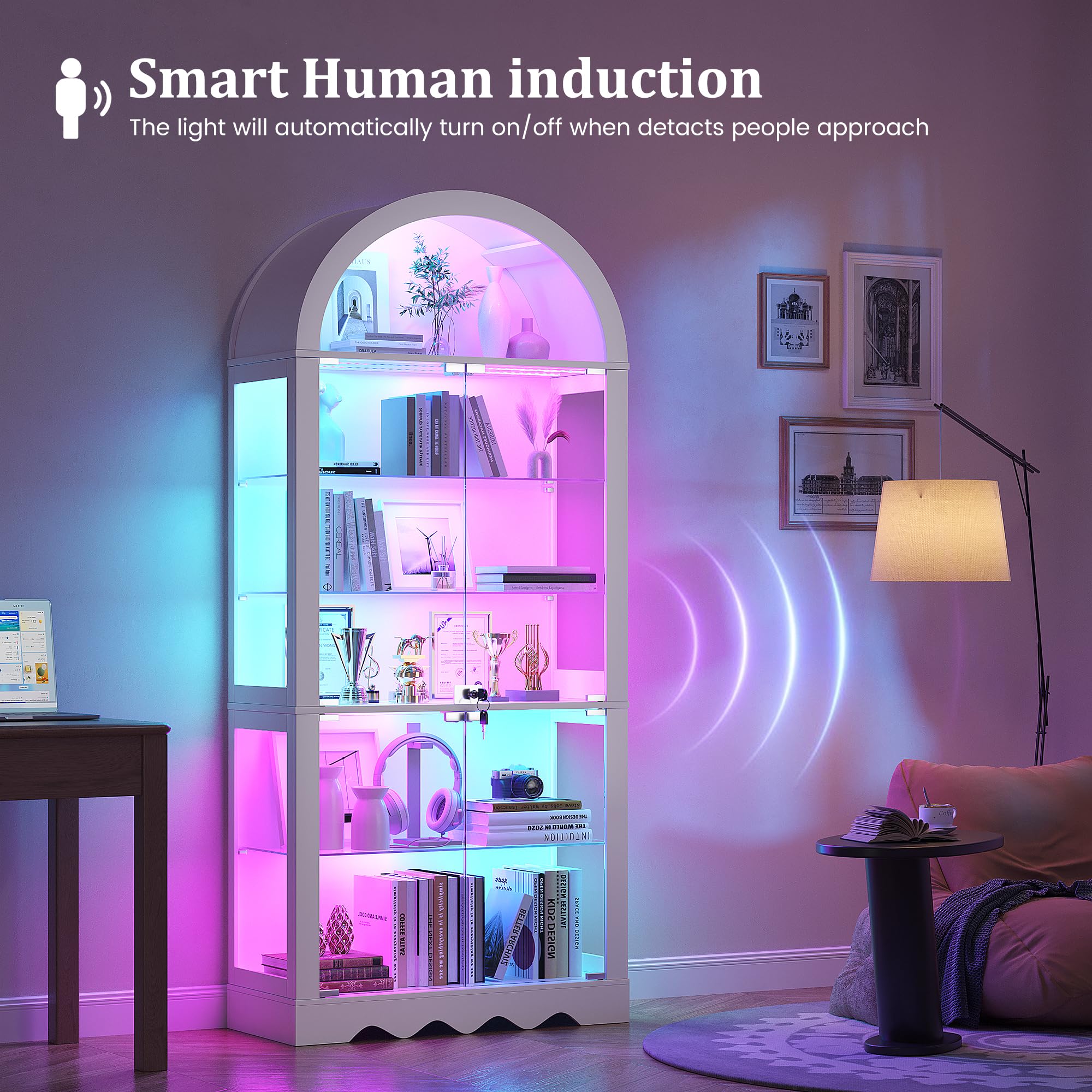 Arched Glass Display Cabinet with RGB Lights & Lock
