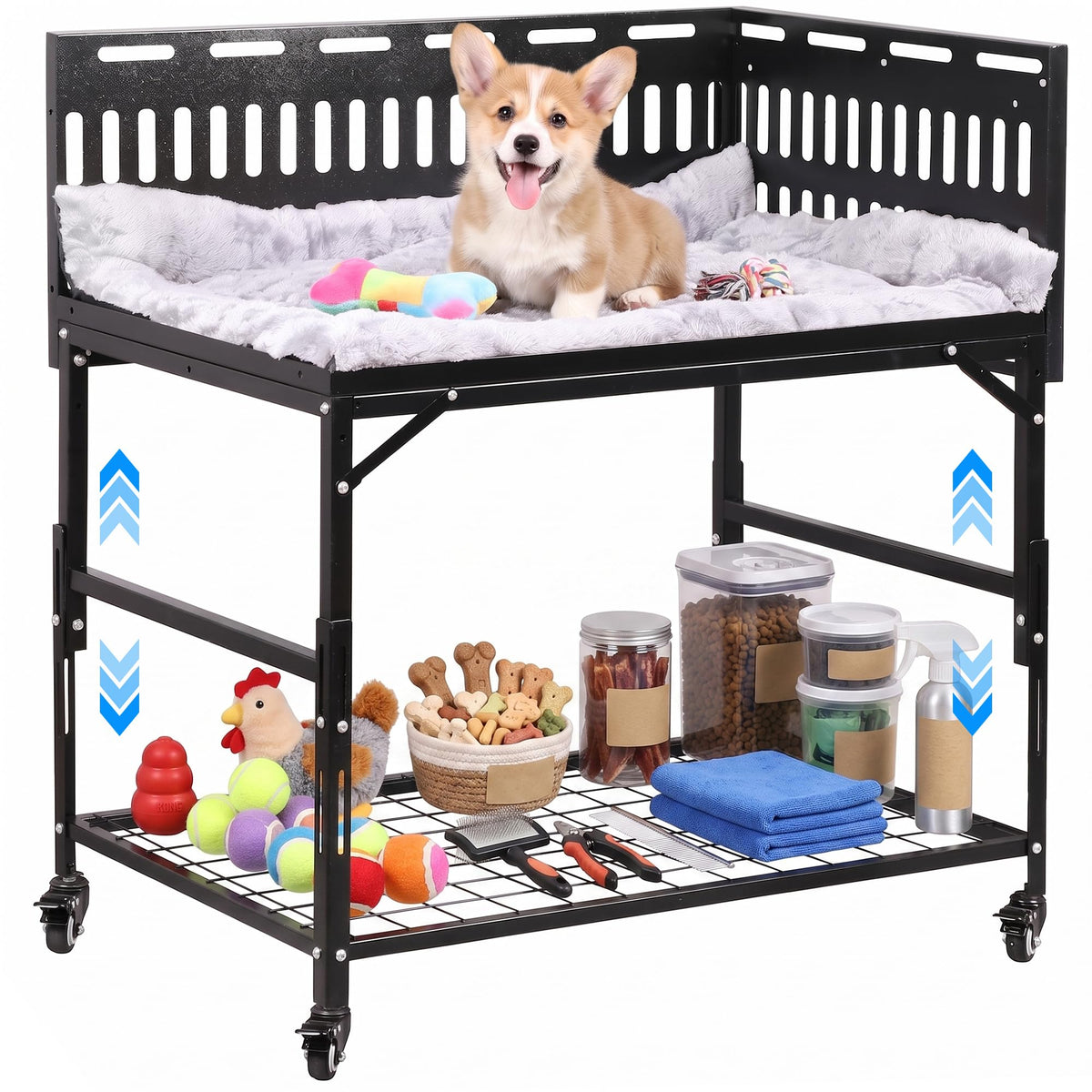 Dual Height Adjustable Dog Bed with Metal Frame & Storage Shelf