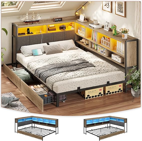 Corner Bed with Storage Bookcase and LED Light,Corner Bed Frame