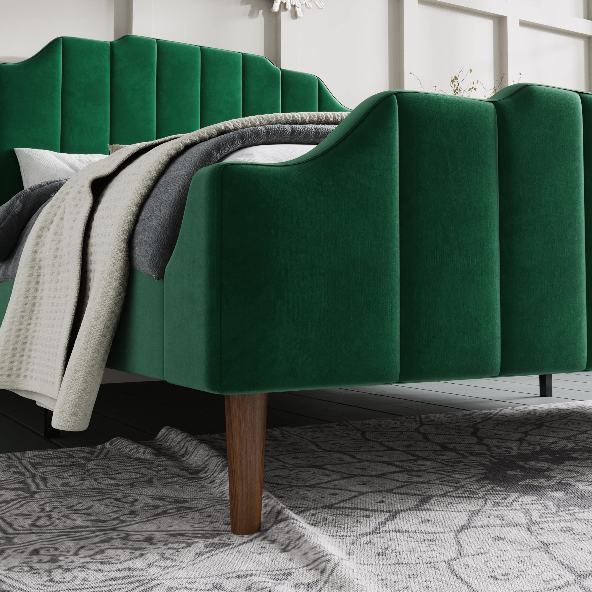 Wood Queen Size Bed Frame with Modern Curved Velvet Wingback