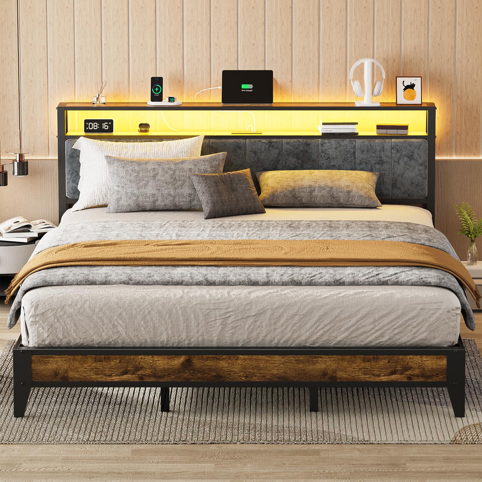 King Bed Frame with Headboard, Metal Platform Bed King Size with 2-Tier Storage