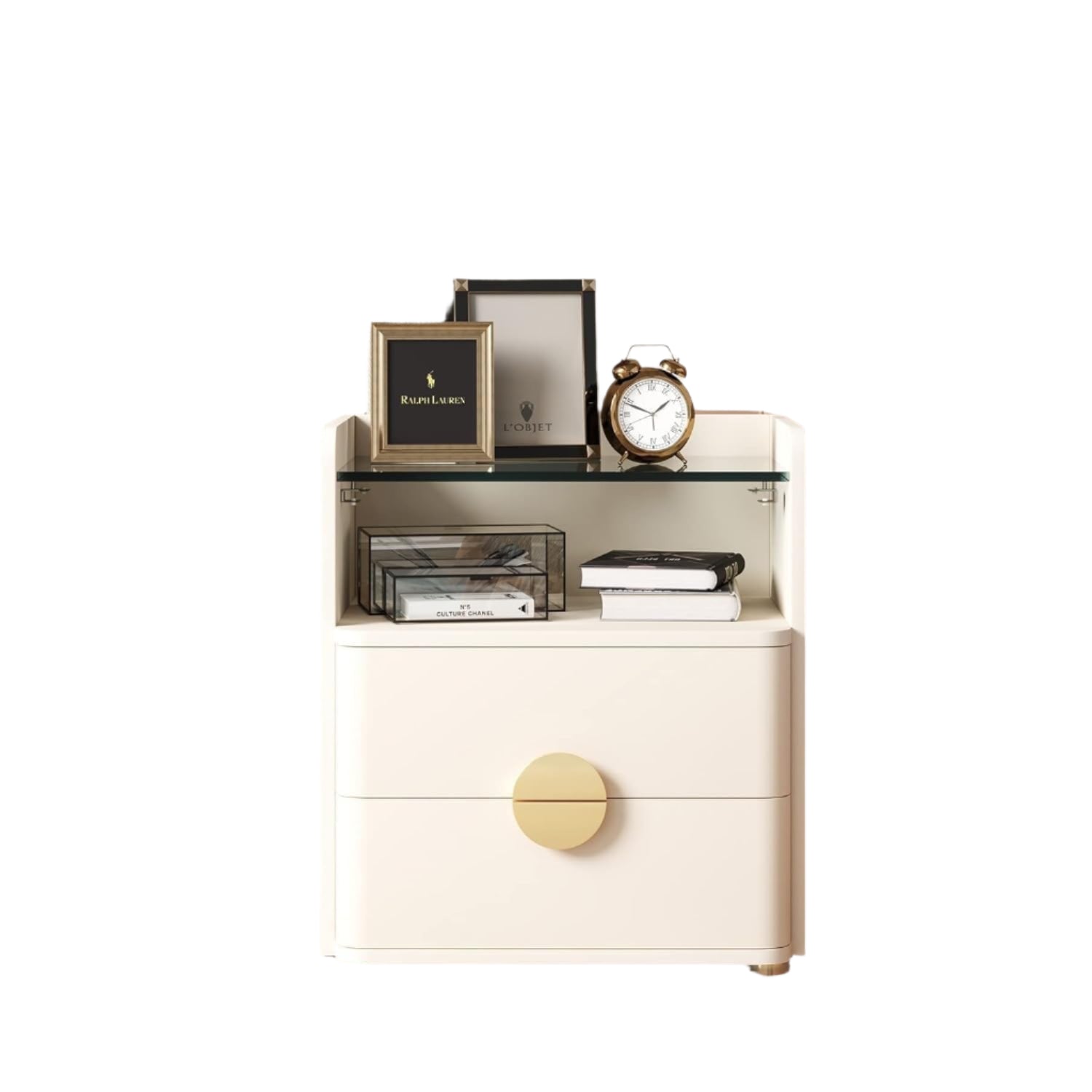 2 Drawer Nightstand with Tempered Glasses Shelf, Bed Side Table Beige - 1-Drawer