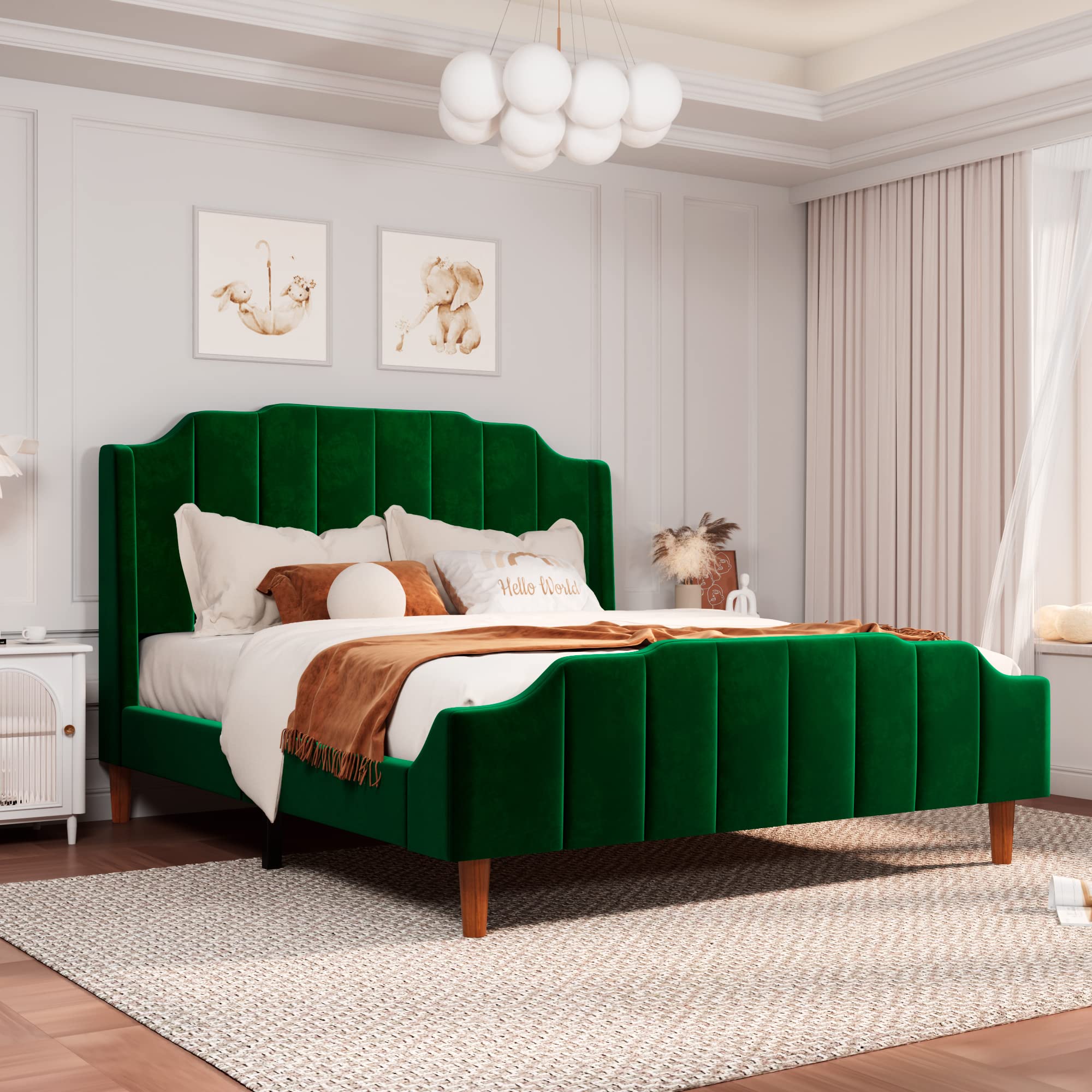 Queen Size Velvet Bed Frame Upholstered Platform Bed with Vertical
