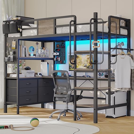 Loft Bed Twin Size with L-Shaped Desk,Twin Loft Bed with 5 Storage Drawers