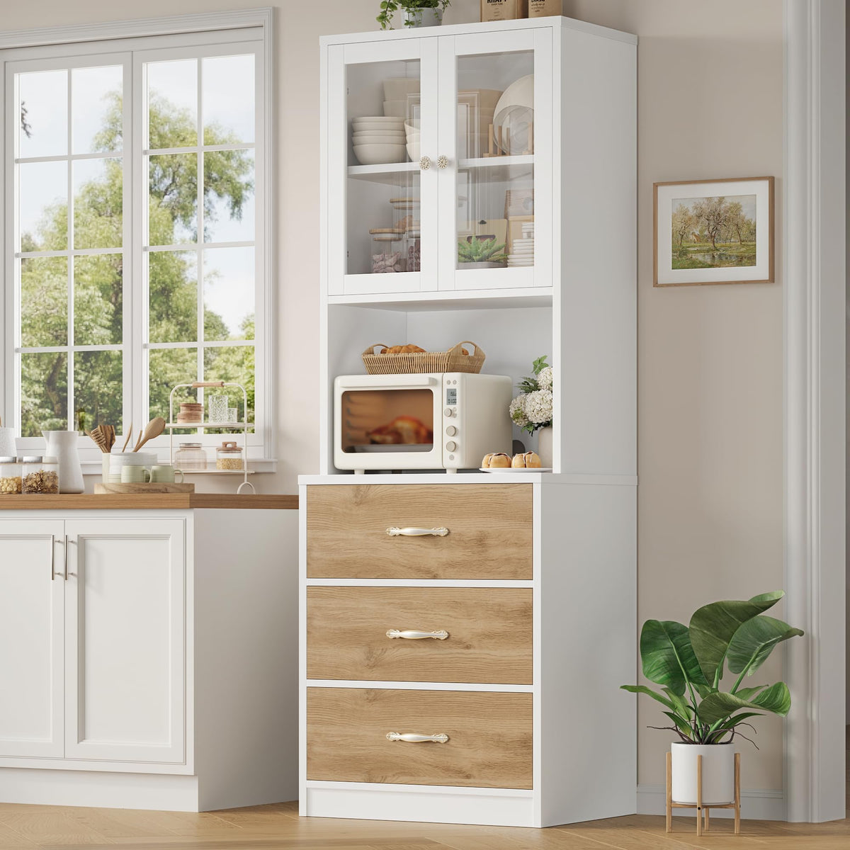 Tall Kitchen Pantry Storage Cabinet with Microwave Stand & Glass Doors