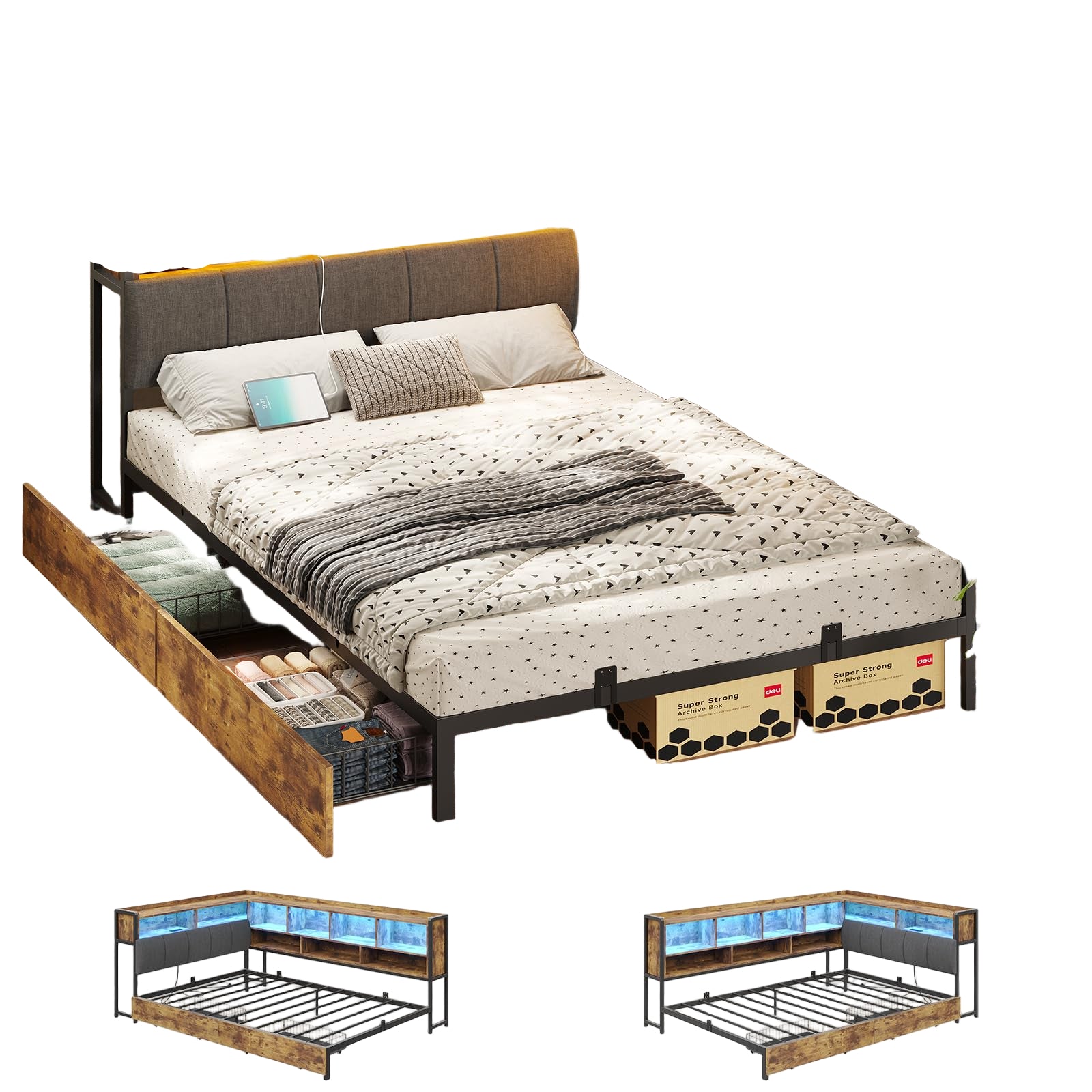 Corner Bed with Storage Bookcase and LED Light,Corner Bed Frame