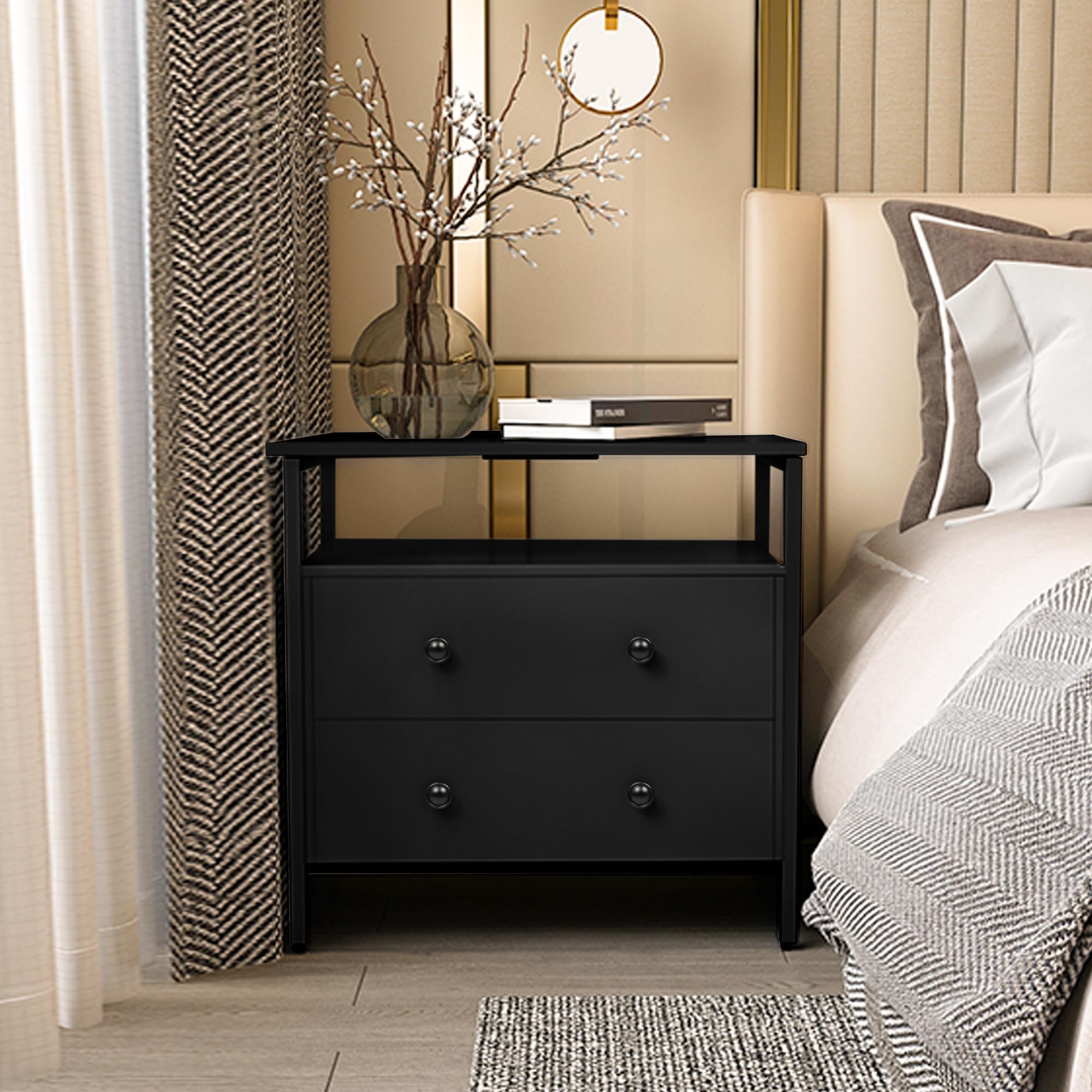 27 inch Wide Nightstand with Charging Station, Bedside Table with Open Shelf