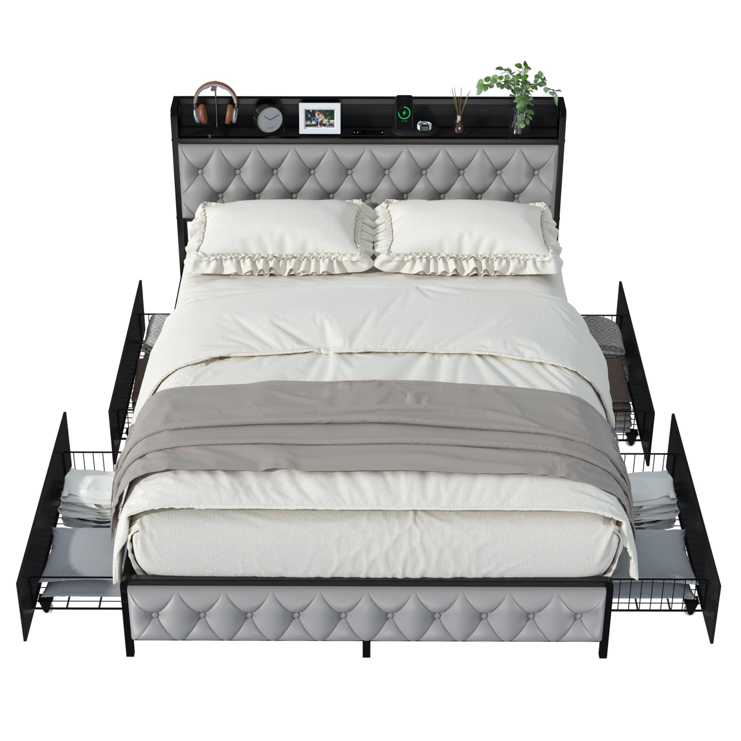 Full Size Bed Frame with Button Headboard, PU Leather, All-Metal