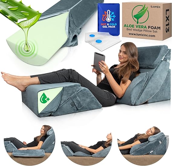 6pcs Orthopedic Bed Wedge Pillow Set, Post Surgery Aloe Vera Memory Foam for Back, Neck, Leg Pain Relief, Adjustable Sitting Pillow for Sleeping, Acid Reflux and GERD, with Hot Cold Pack, Navy