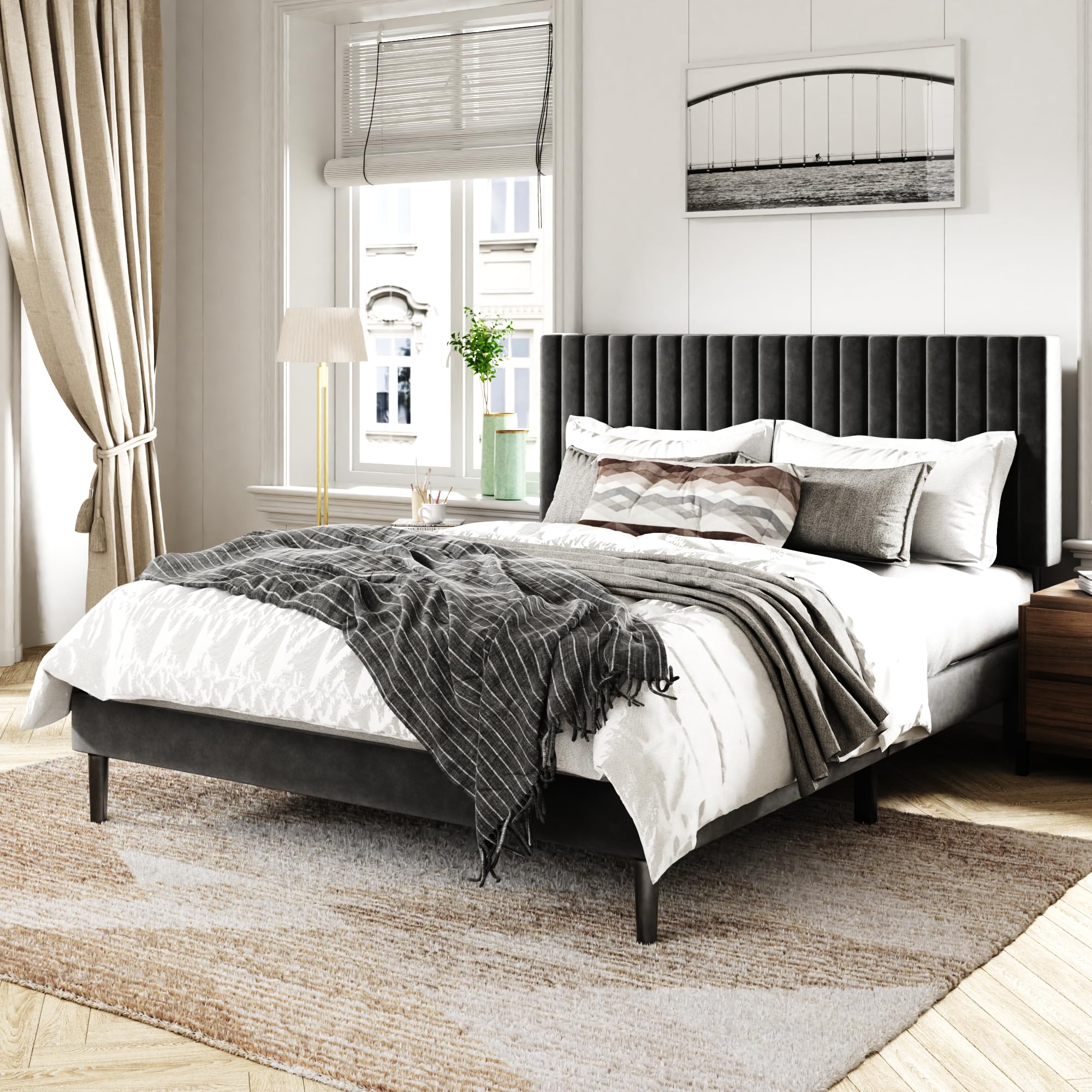 Queen Size Bed Frame with Velvet Upholstered Headboard