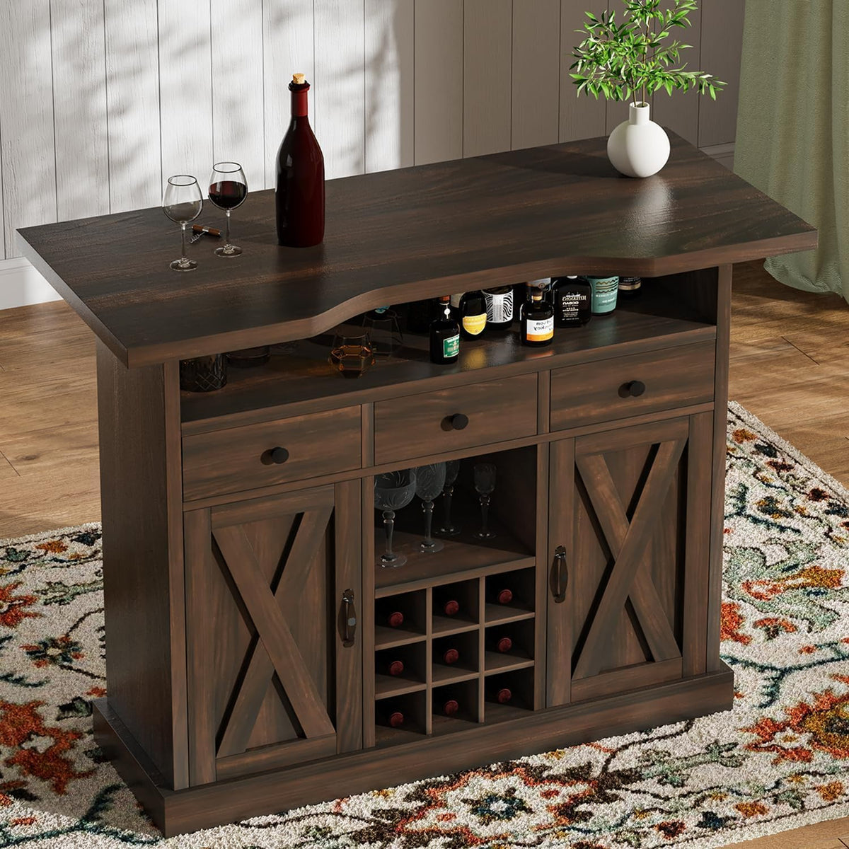 52" Farmhouse Bar Cabinet with Wine Rack & Foot Rail
