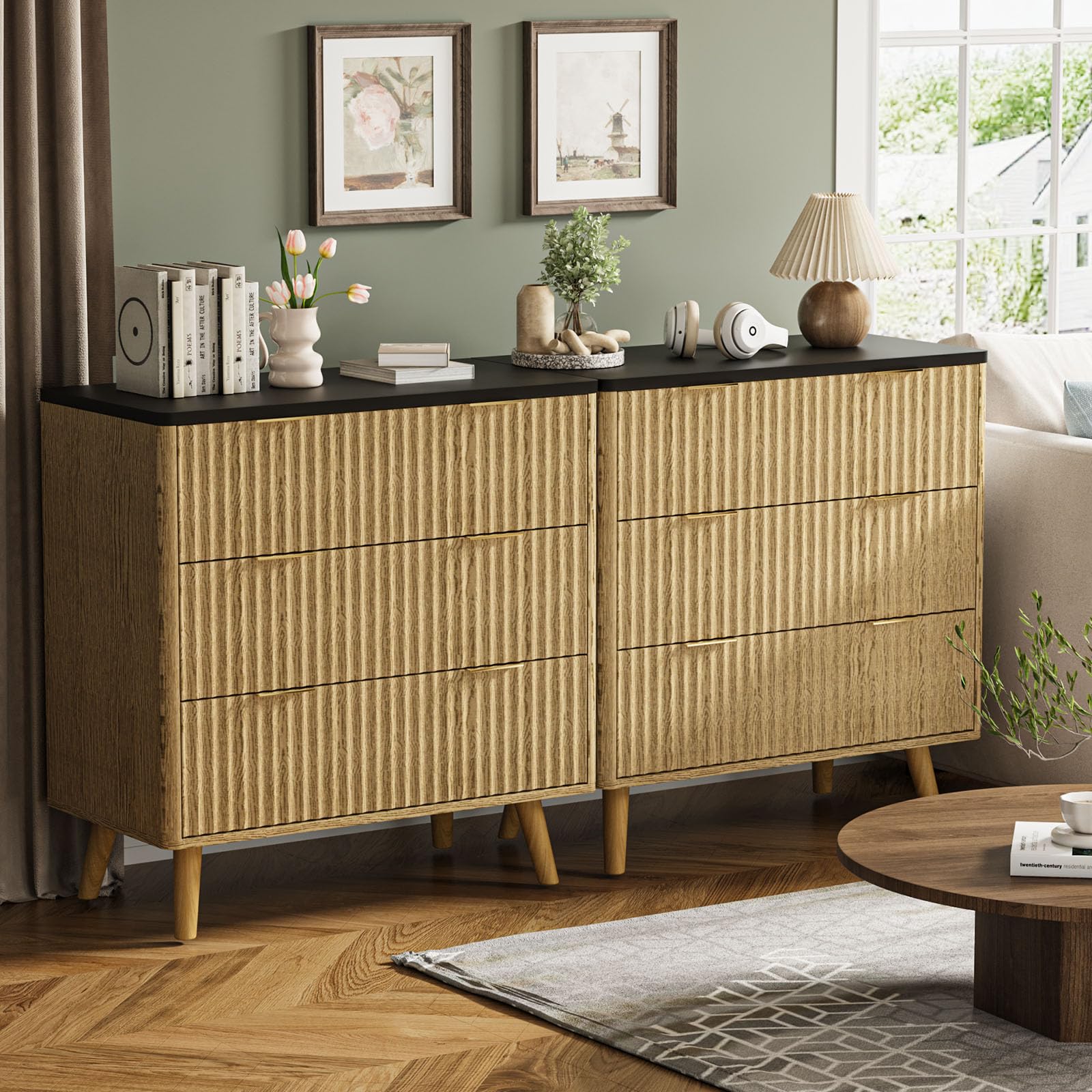 Modern 32" Fluted Nightstand Set of 2–Natural Wood Bedside Tables
