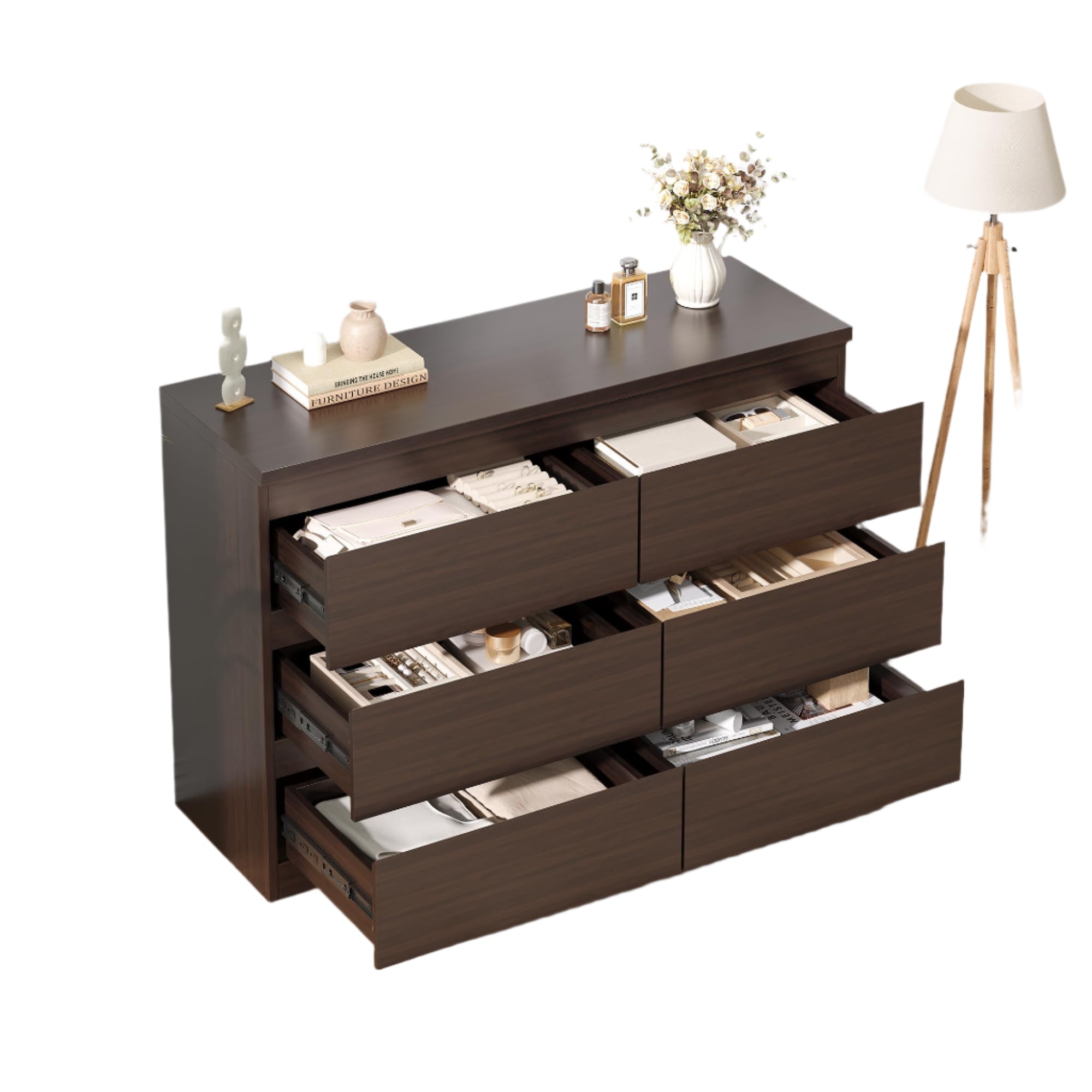 Modern Brown 6 Drawer Dresser for Bedroom, 15.3" D x 47.2" W x 32.3" H in Simply Chest