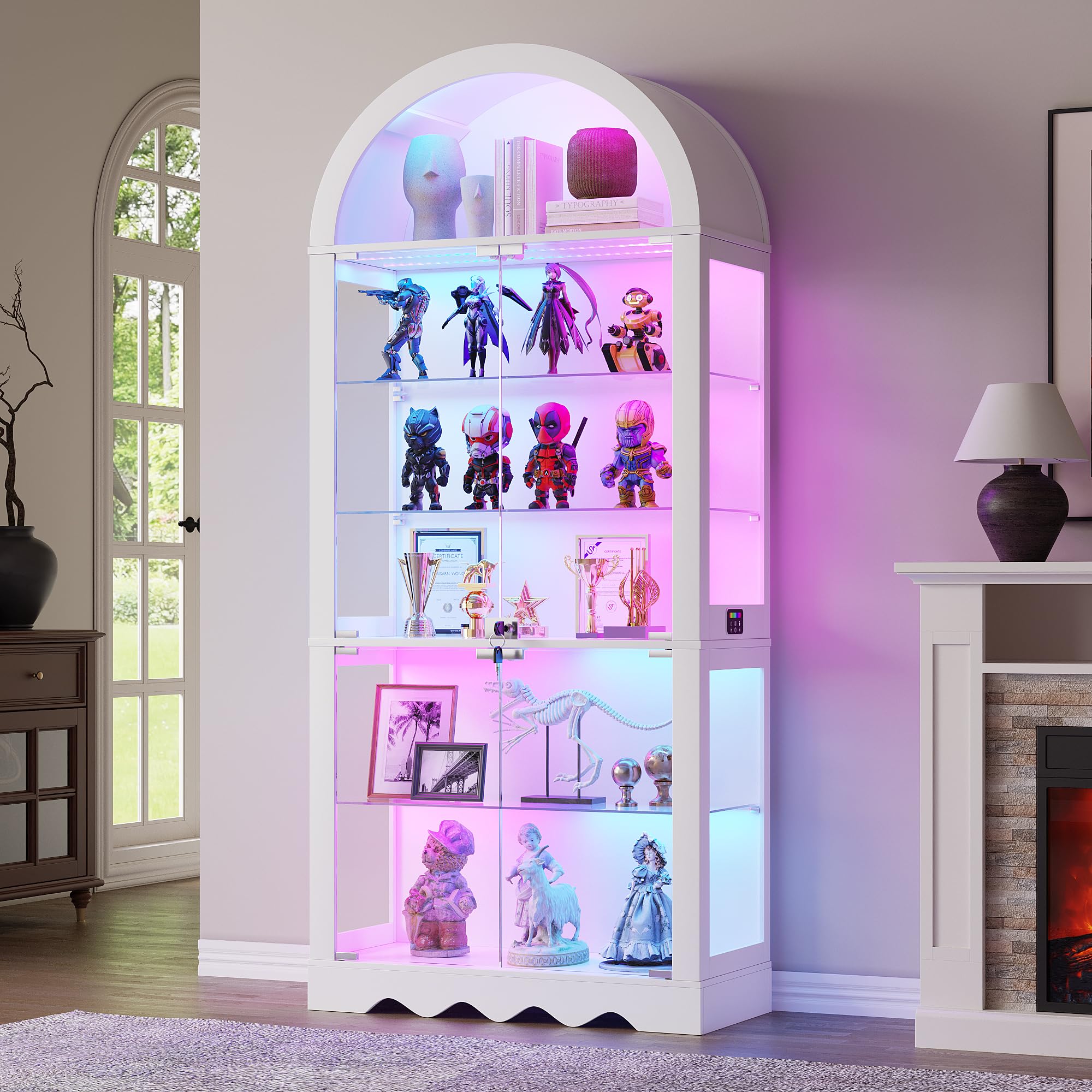 Arched Glass Display Cabinet with RGB Lights & Lock