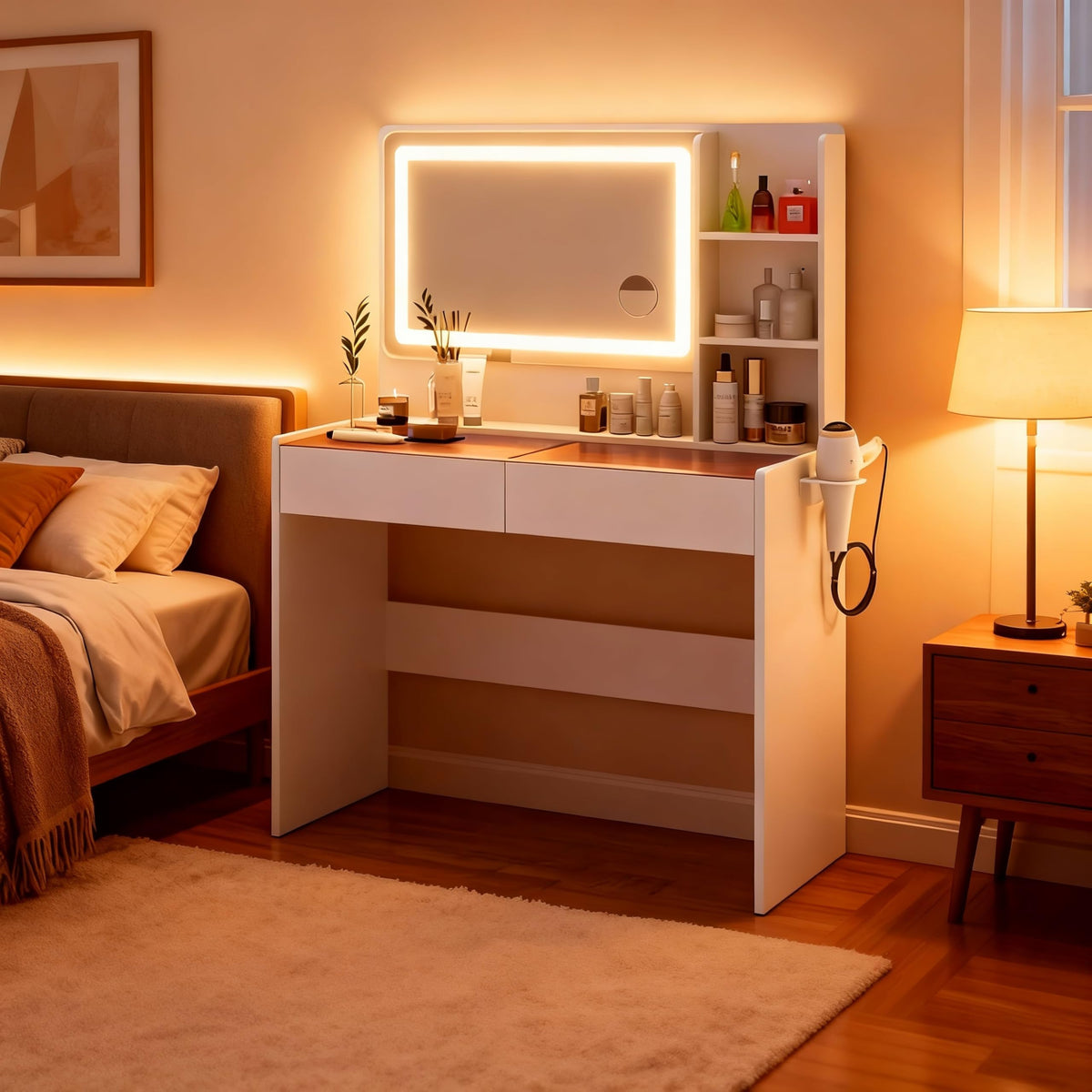 LED Makeup Vanity Desk with Mirror, RGB Lights & Glass Top