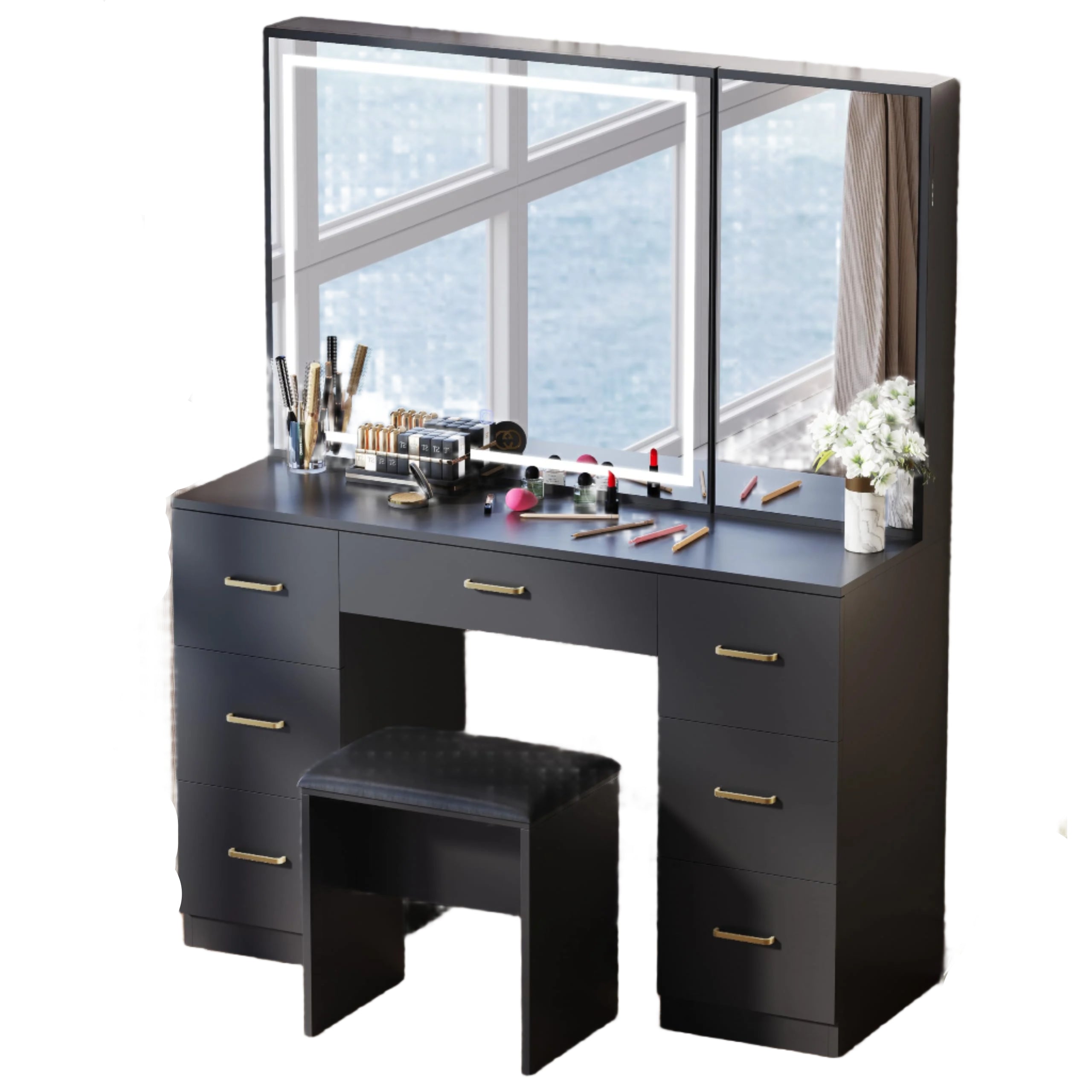 Desk with Large Mirror and Lights, Black Makeup Vanity with 7 Drawers