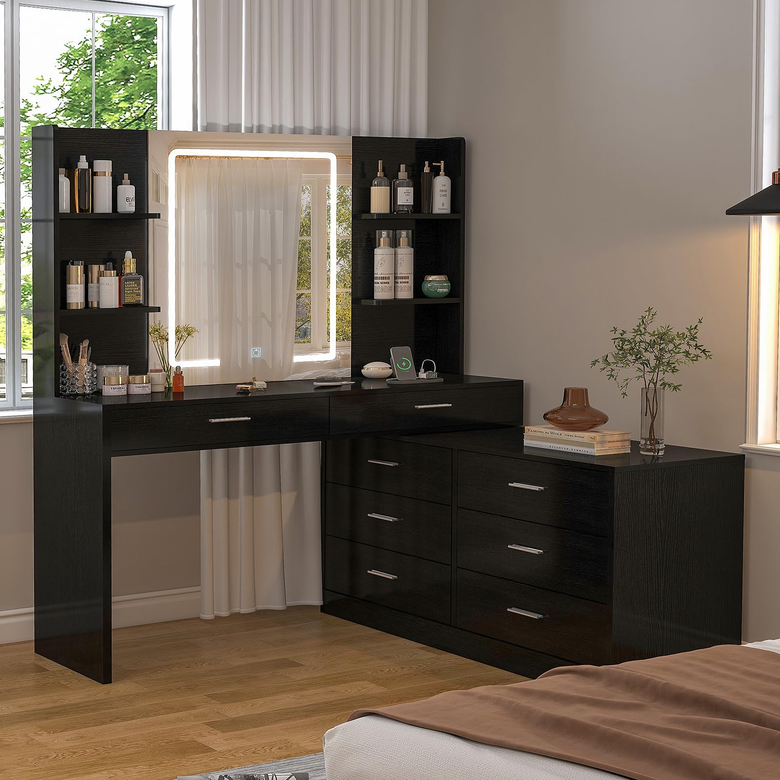 Vanity Makeup Desk with LED Light Mirror & Power Outlet, 8 Drawers