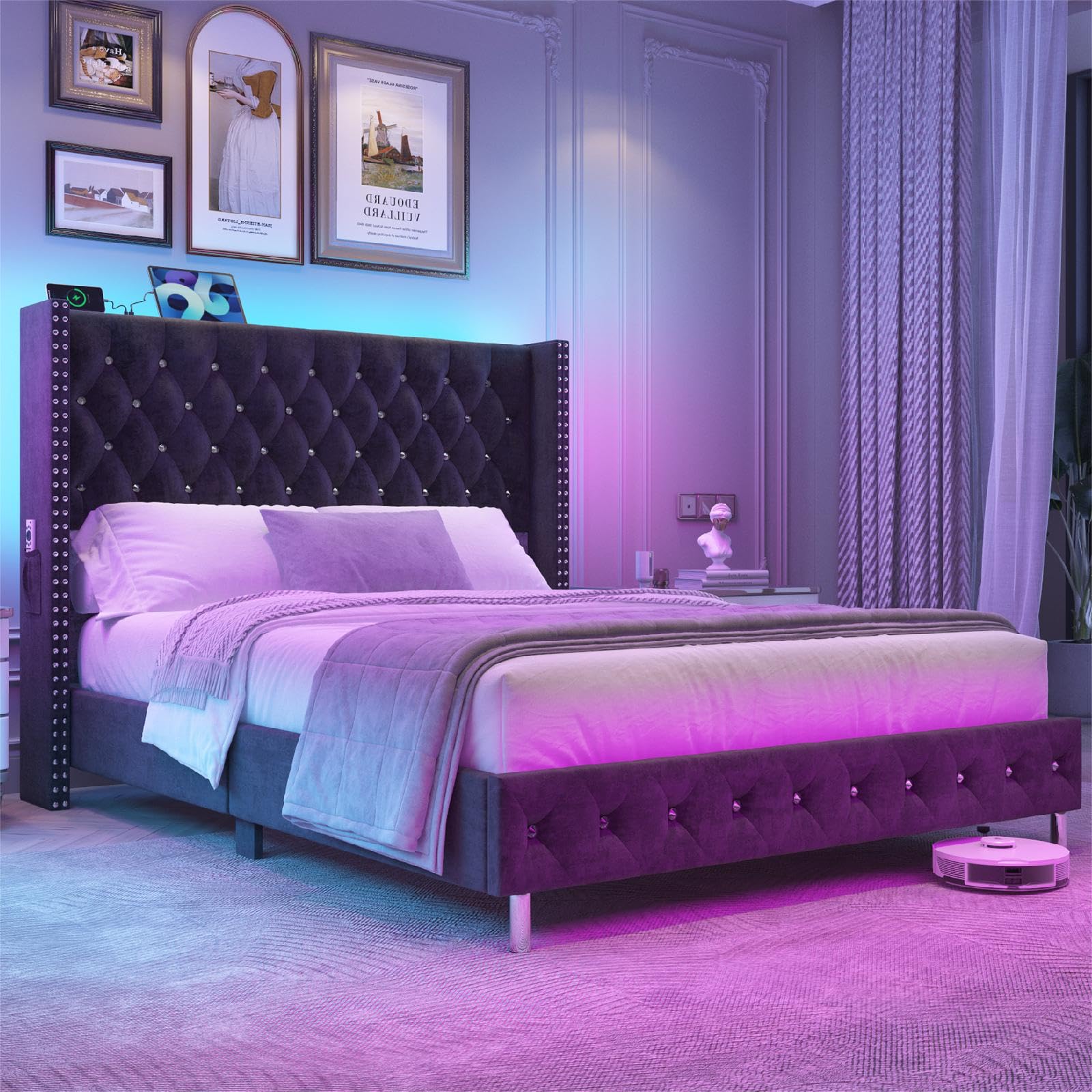 Queen LED Upholstered Bed Frame with Wingback Headboard