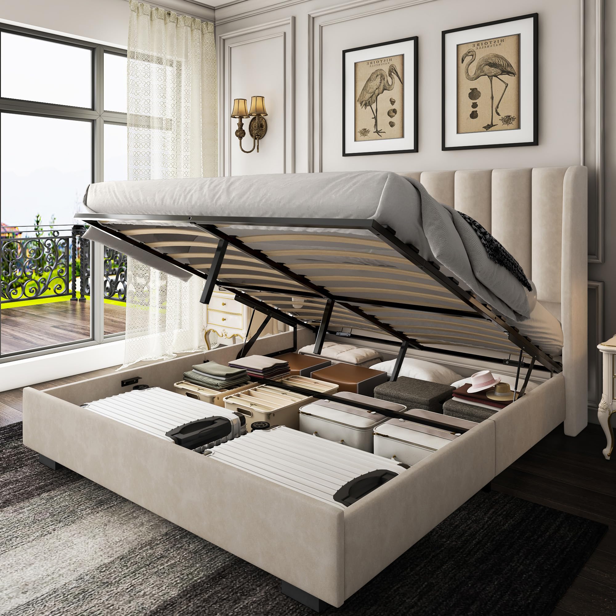 Queen Size Lift Up Storage Bed Frame with 51" Tall Headboard, Upholstered