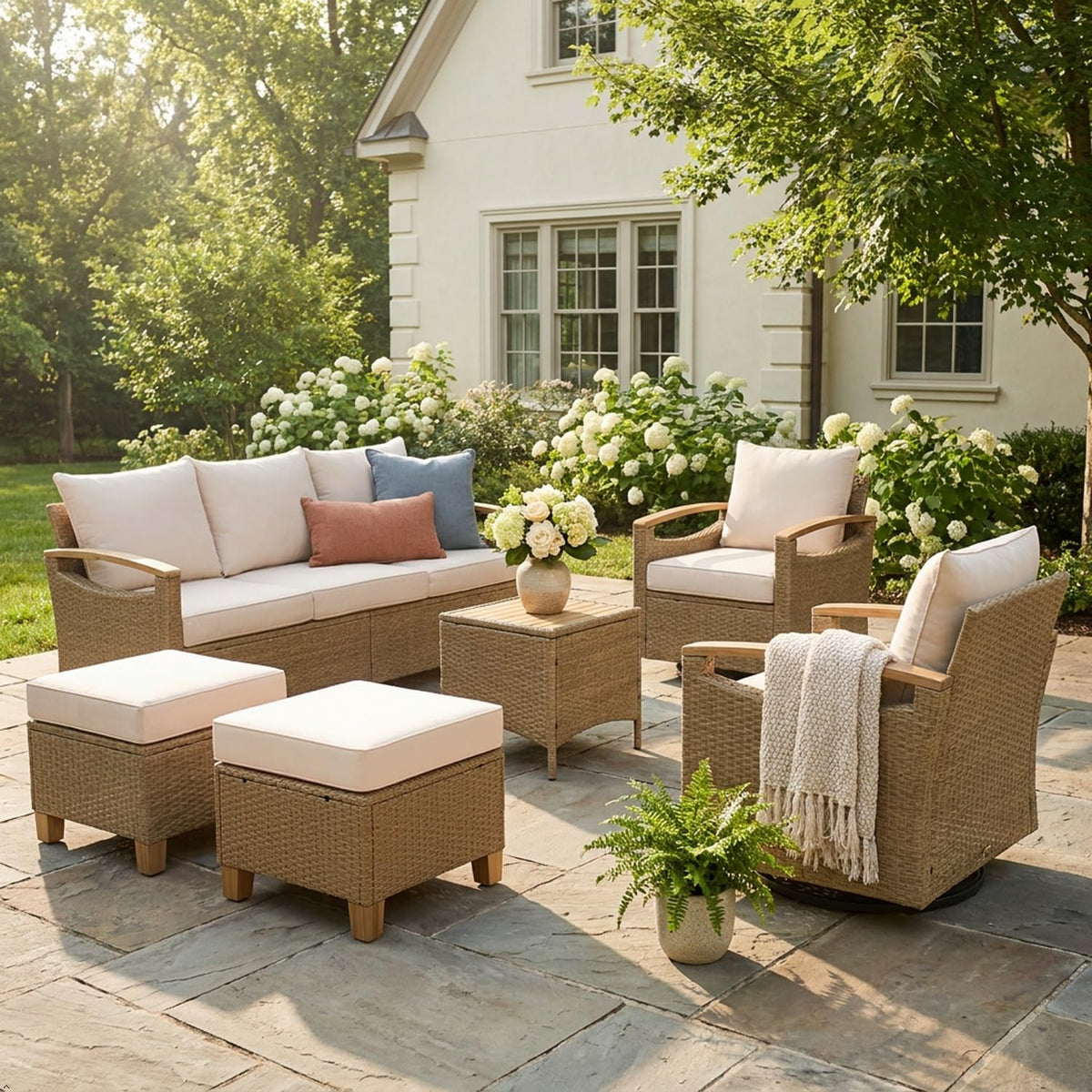 6-Piece Outdoor Wicker Patio Conversation Set with Swivel Chairs