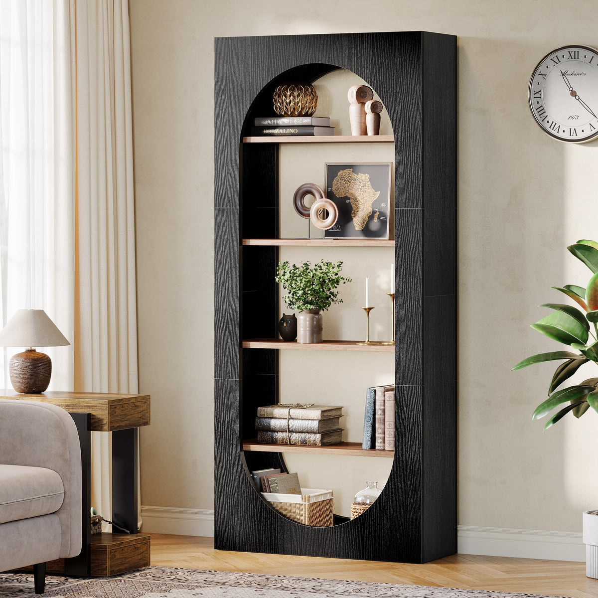 5-Tier Arched Bookcase with Etagere Shelves, 70.86" Tall