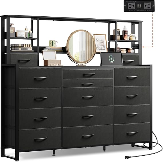 55" W Dresser for Bedroom with 15 Fabric Drawers & 5 Storage Shelves