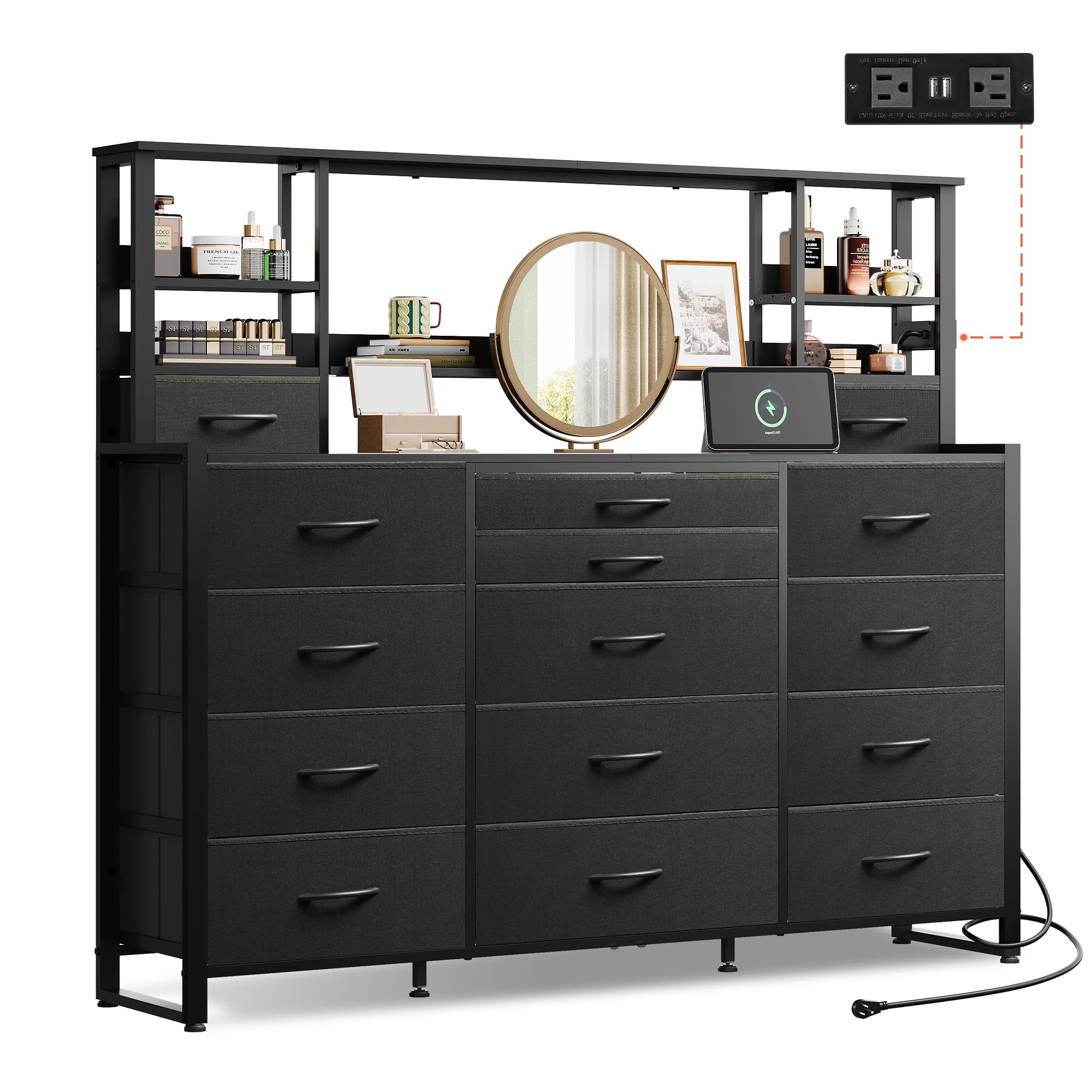 55" W Dresser for Bedroom with 15 Fabric Drawers & 5 Storage Shelves