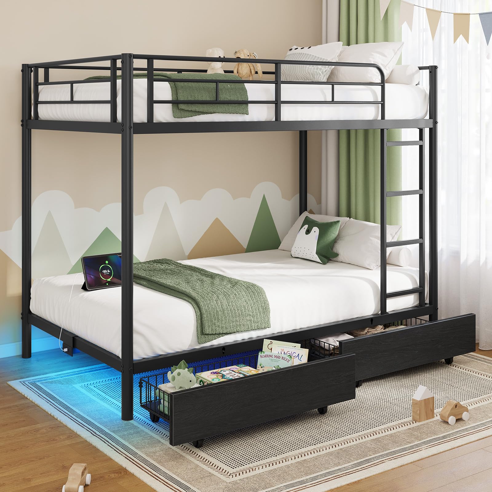 Metal Bunk Bed Twin Over Twin with USB Charging Station, LED Bunk Bed