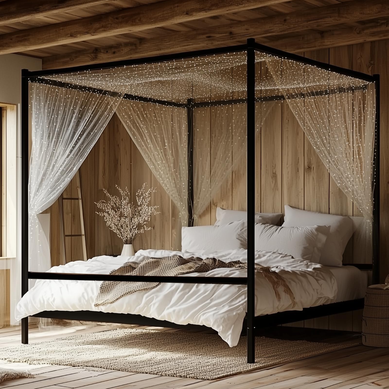 King Metal Bed Frame, Canopy Bed King Size with Headboard, 4 Poster Black Mattress