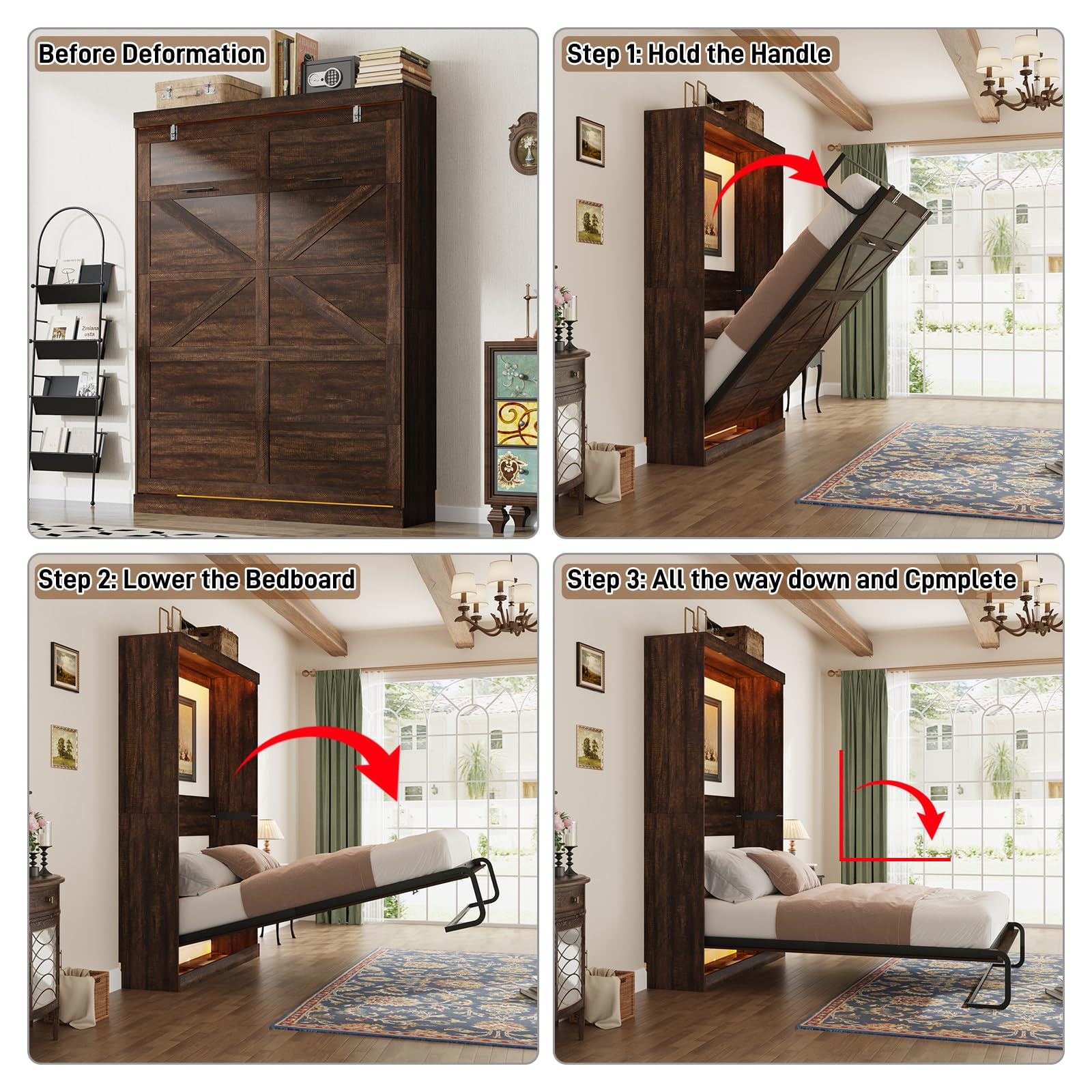 Queen Size Murphy Bed with 2 LED Lights, Farmhouse Wood Hidden Foldable