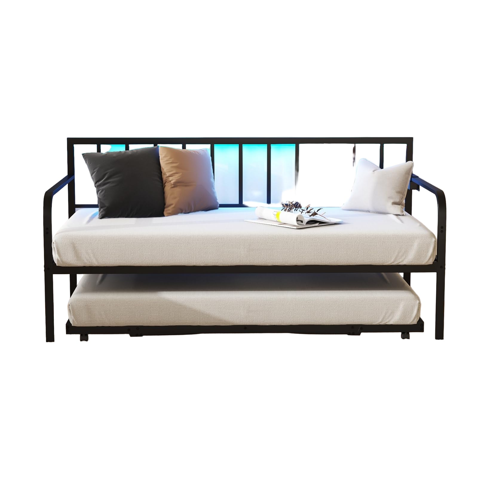 Daybed with Charging Station & LED Lights, Metal Sofa Bed Frame