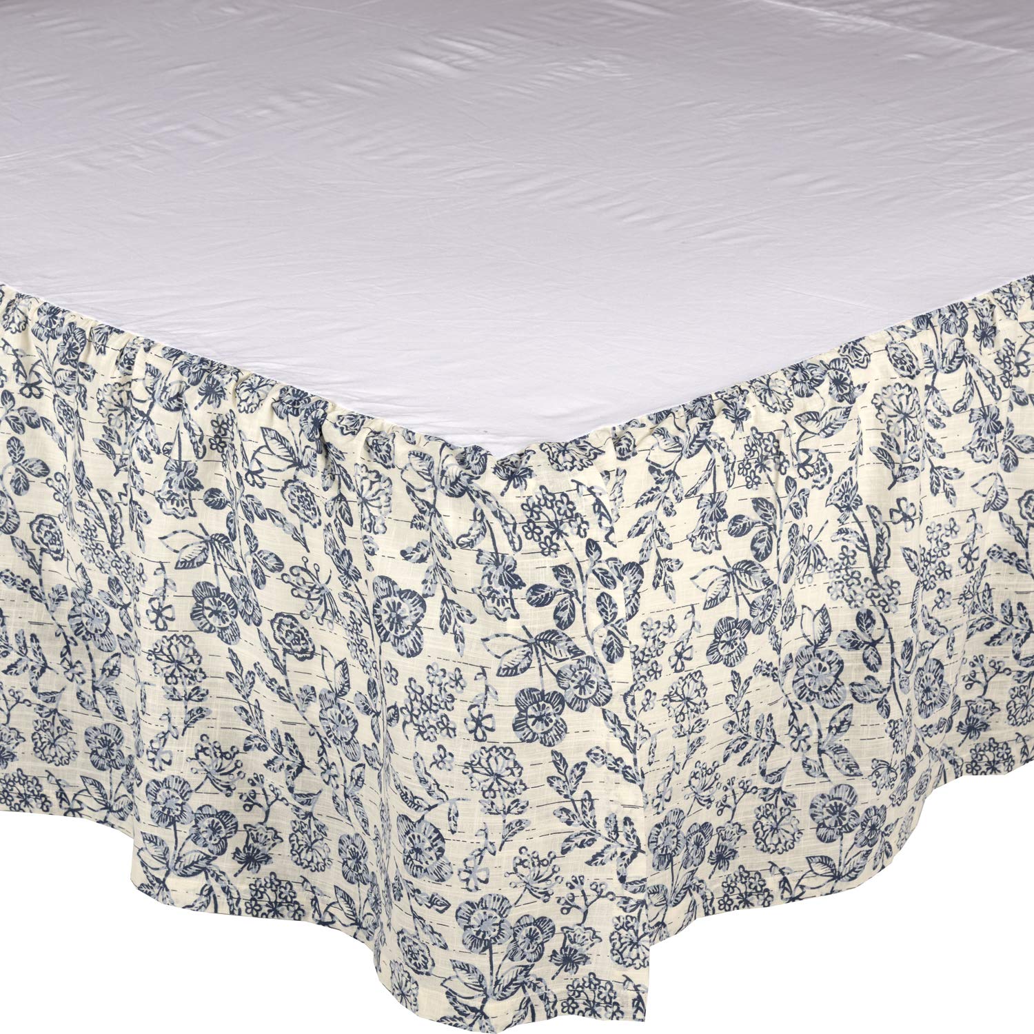 Doylestown Queen Size Floral Bed Skirt w/ 16" Drop, Blue & Cream Gathered Dust Ruffle