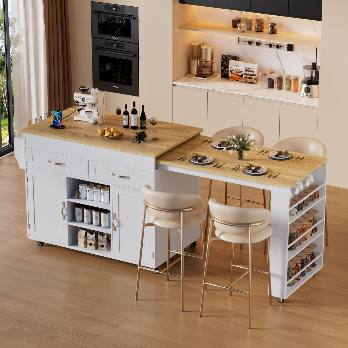 Expandable Kitchen Island with Storage & Dining Table