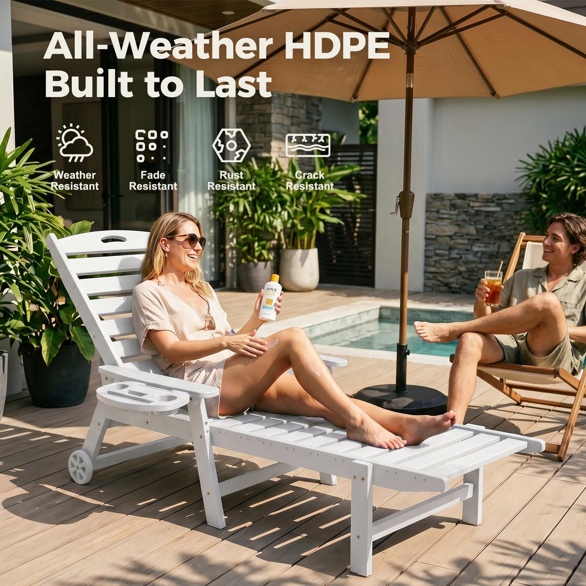 Oversized Outdoor Chaise Lounge Set of 2 – 78" HDPE with Reclining & Cup Holder