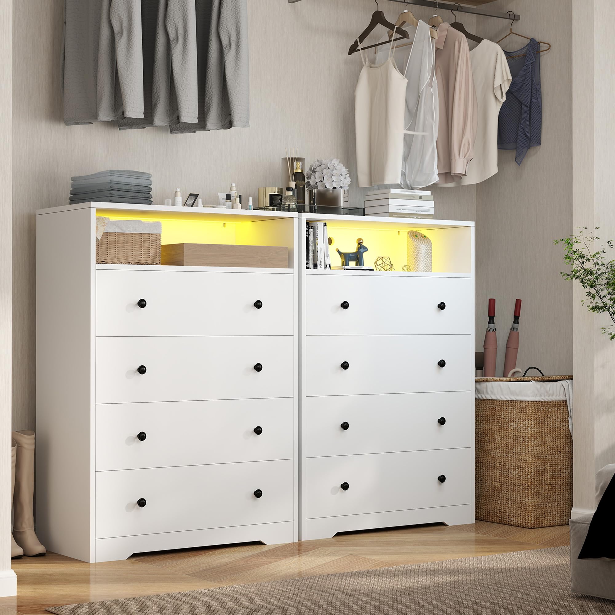 White Dresser with LED Light, Tall Dresser with 4 Drawers & 1 Shelves