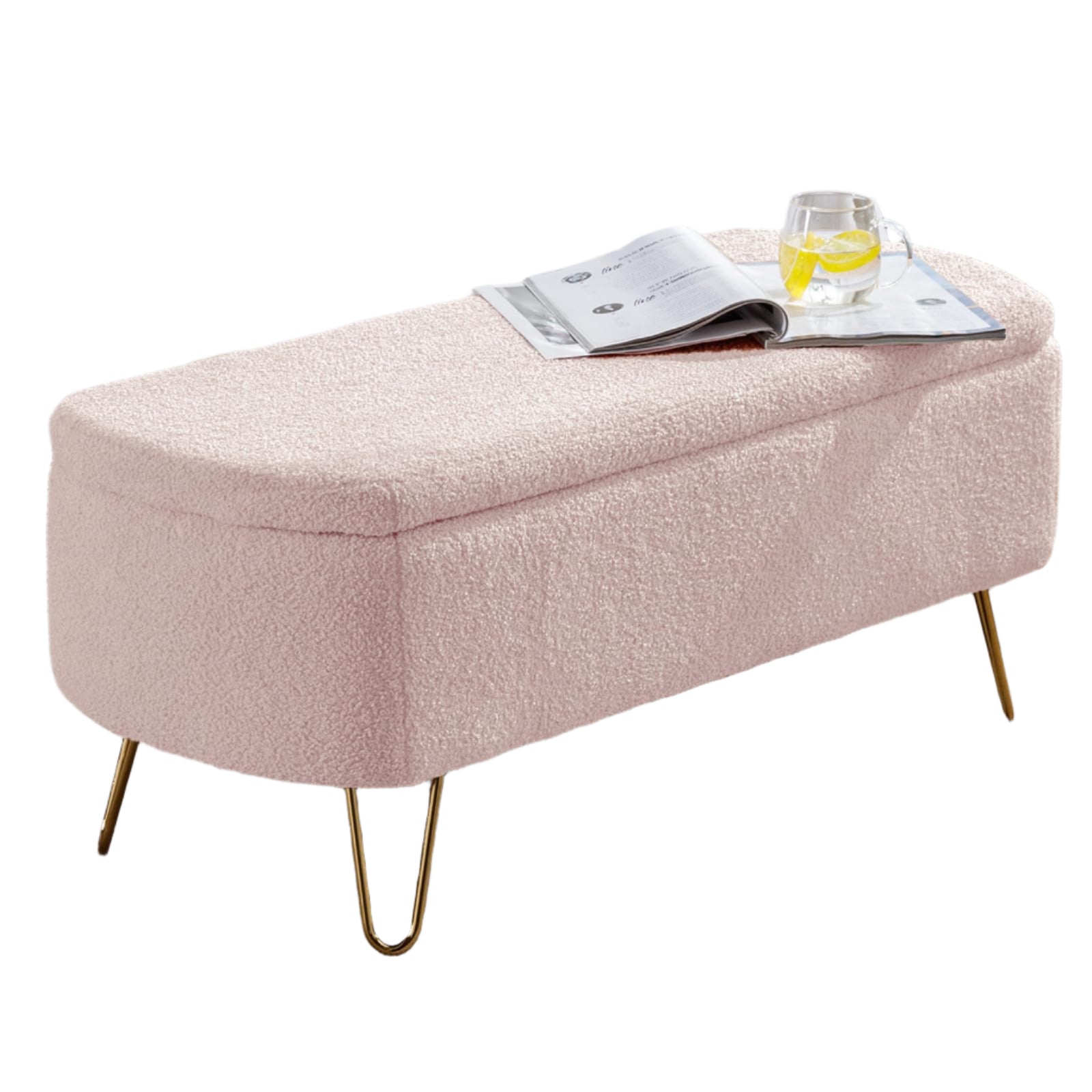 Storage Ottoman Bench, Vintage Boucle Upholstered Entryway Bench